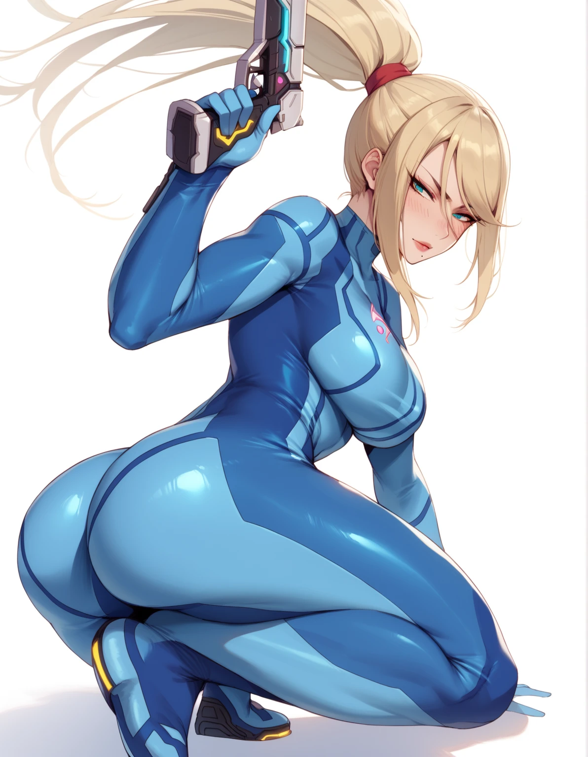 (masterpiece, highest quality, best quality, official art, beautiful and aesthetic: 1.2), (1girl), extremely detailed, (fractal art: 1.3), colorful, highest detailed, perfect face, upper body, HDR, ), vivid visual effects, (dynamic stripes, luminous traces: 1.2),, ass focus, ass, large ass, bare ass, naked ass, nude, ass window, sexy, wide hips, thicc figure, Detailed blue eyes, Detailed face, Detailed eyes, perfect face, perfect eyes, wearing blue bodysuit, back view, looking back at viewer, exposed thighs, exposed butt, exposed ass, nude thighs 