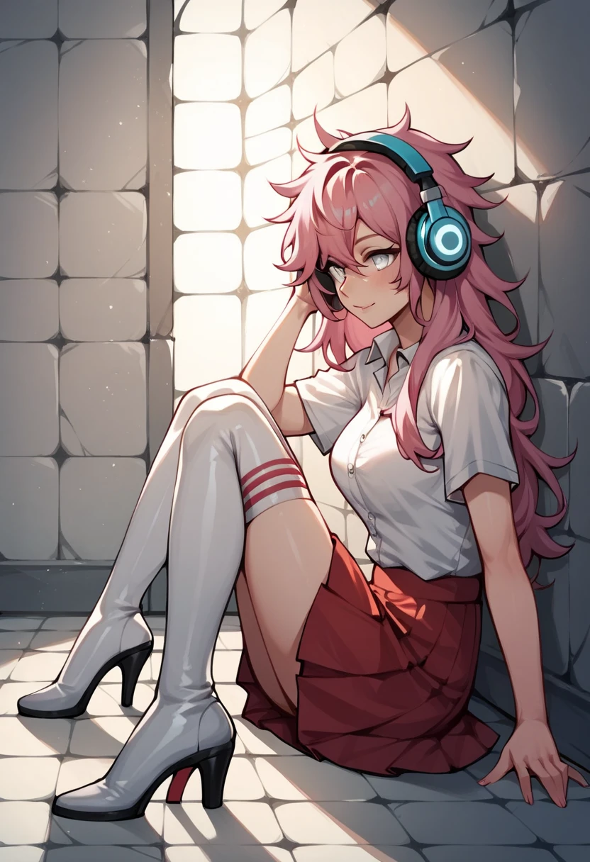 score_9, score_8_up, score_7_up, score_6_up, score_5_up, score_4_up, source_anime, 1woman, sit, pink hair, long hair, white eyes, w-w-chain, cuffs, crossed arms, messy hair, white shirt, skirts, thigh high boots, heels, dungeon, headphones, best quality, best res, 4K, UHD,