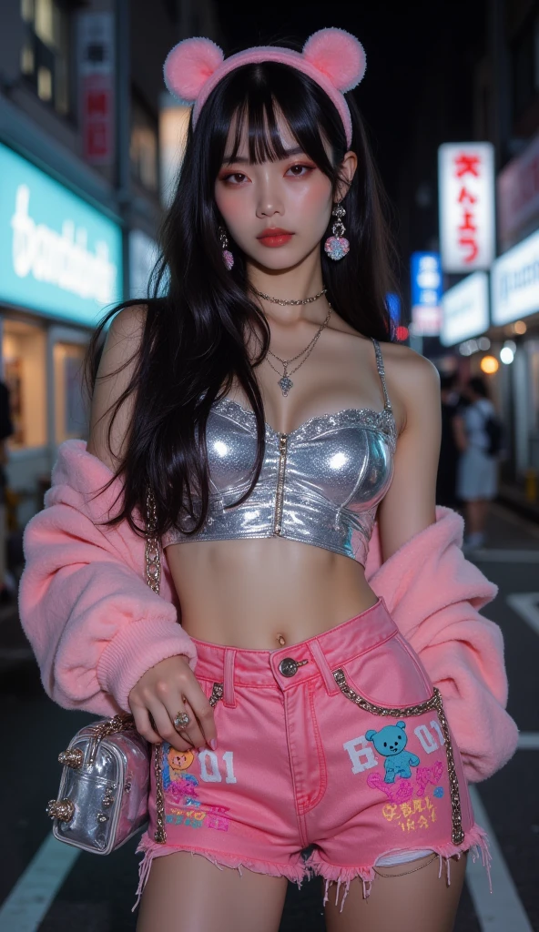 “Photograph Young Attractive Asian Woman Sophie Tan wearing a quintessential Y2K outfit: a pastel faux fur trim jacket over a glittery tube top, accessorized with butterfly clips and frosted lip gloss. This scene is set in a stylish, minimalist shopping mall with pastel-colored decor. Utilize a 50mm prime lens to sharply focus on the textures of her outfit and her expressive, sultry makeup (1.3). The softly blurred background with Y2K fashion posters and neon-lit stores highlights Sophie’s modern take on retro fashion. Post-production will enhance the soft pastels and add a dreamy effect, reflecting the era’s iconic style (1.2).”