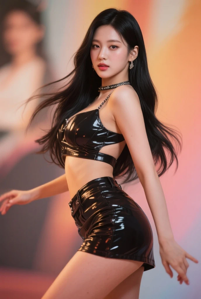 K-Pop idol with long, wavy black hair, an hourglass figure, large breasts, a slim and thin waist, and a voluptuous, round butt, captivates the audience in her seductive attire on stage. With every move, she exudes confidence and sex appeal, her curves accentuated by the sparkling spotlight. Her black outfit clings to her body, revealing her ample assets, and her wavy black hair cascades down her back in soft waves. The stage is bathed in soft light, illuminating her flawless skin and enhancing the allure of her sultry pose. ((K-Pop:1.3)) ((Long hair:1.2))