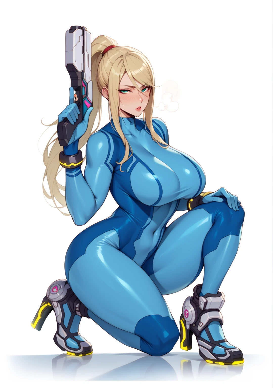 Scientist with huge loose breasts covered by an open white coat, black thong, huge tits, Carol Danvers face, blonde, long hair pulled back by a ponytail, sexy glasses, huge SFW tits, thick lips, small nose, green eyes, stylized hips, stylized legs, huge breasts, full body, high heels, big and maecados