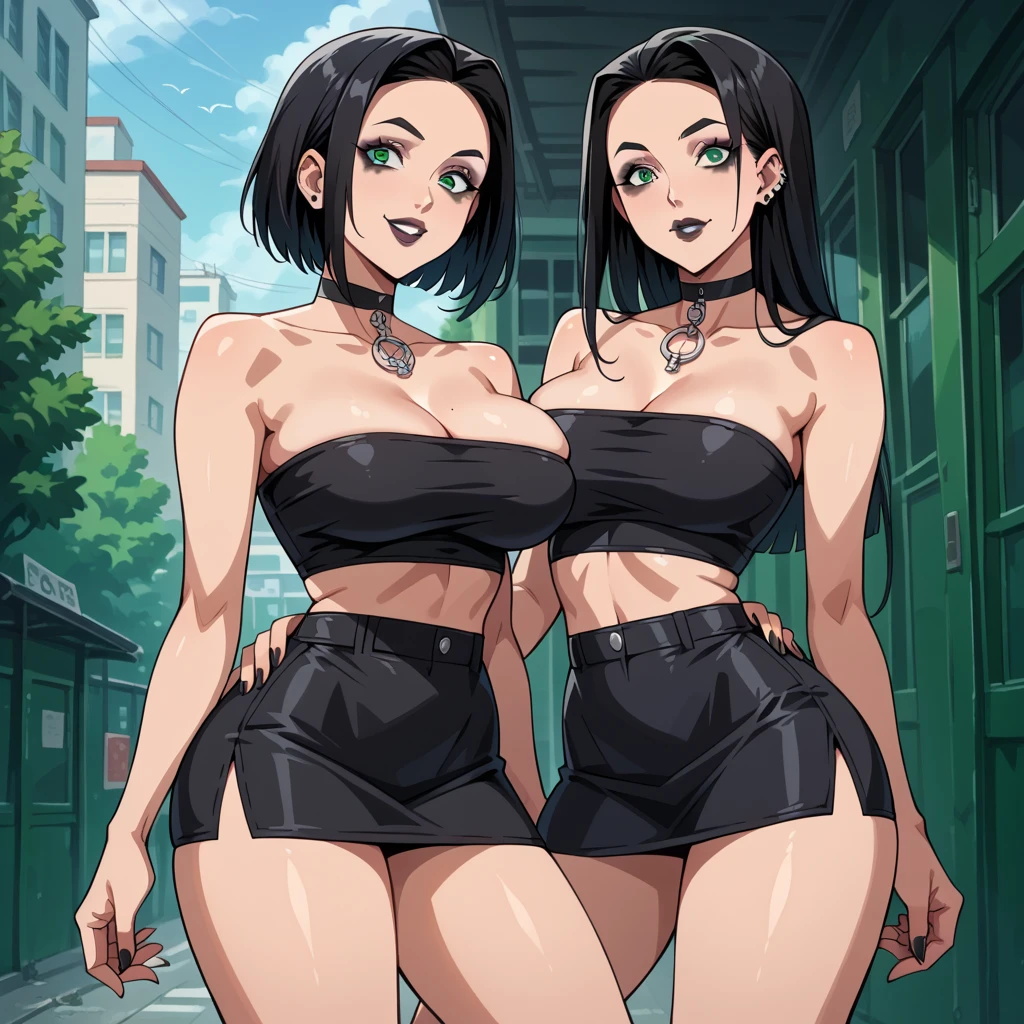 2heads, a short thin woman with 2 heads. She has gigantic breasts. She is wearing just a bra and shorts. She has massive breasts. She looks seductive. She looks nervous. She is wet. Her breasts are enormous.