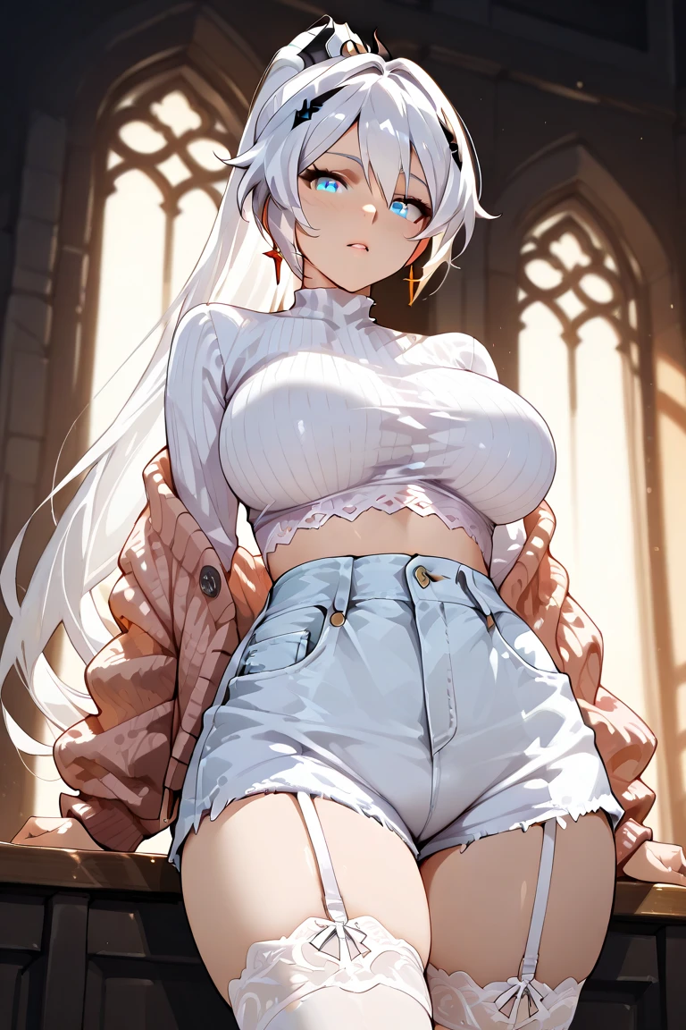 Anime girl, blue eyes, white hair, muy voluptuosa, teen, medium breast, shy smile, wallpaper, beautiful Strapless corset blouse with sleeves, jeans skirt, tattooed body, breasts bounce, on the stairs, sitting, in a seductive pose