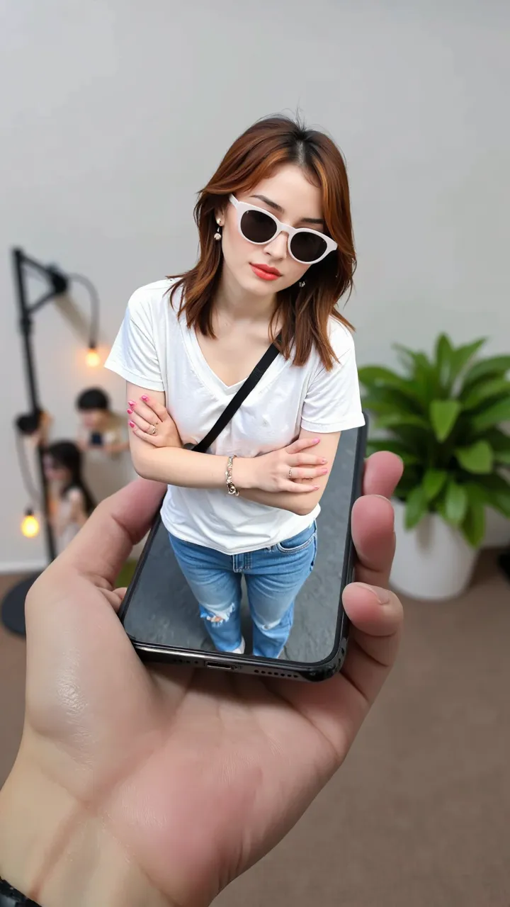 there is a woman taking a selfie with her cell phone, 2 7 years old, 2 8 years old, 2 9 years old, 8k selfie photograph, 38 years old, 2 3 years old, 3 2 years old, xintong chen, 30 years old woman, 3 0 years old woman, 21 years old, 2 2 years old, dark blue skirt