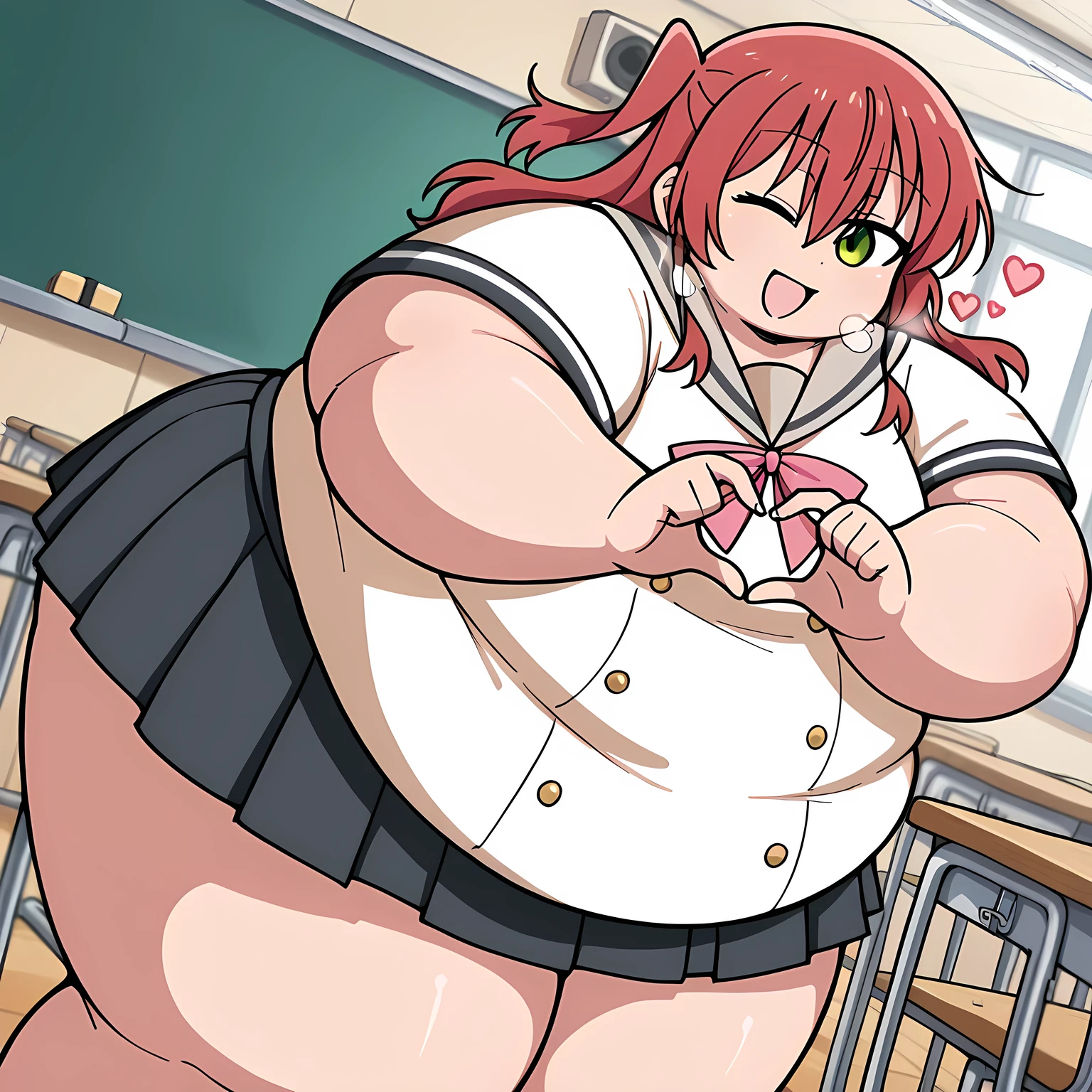 score_9, score_8_up, score_7_up, source_anime,
kitaikuyo, 
ikuyo kita, green eyes, hair between eyes, long hair, one side up, red hair,
black skirt, grey sailor collar, pleated skirt, sailor collar, school uniform, short sleeves, shuka high school uniform, skirt,
indoors, classroom, bent over, smile, heart hands, wink
cowboy shot, solo, dutch angle, looking at viewer, fat, chubby, obese, gigantic arms and legs,  open mouth, out of breath