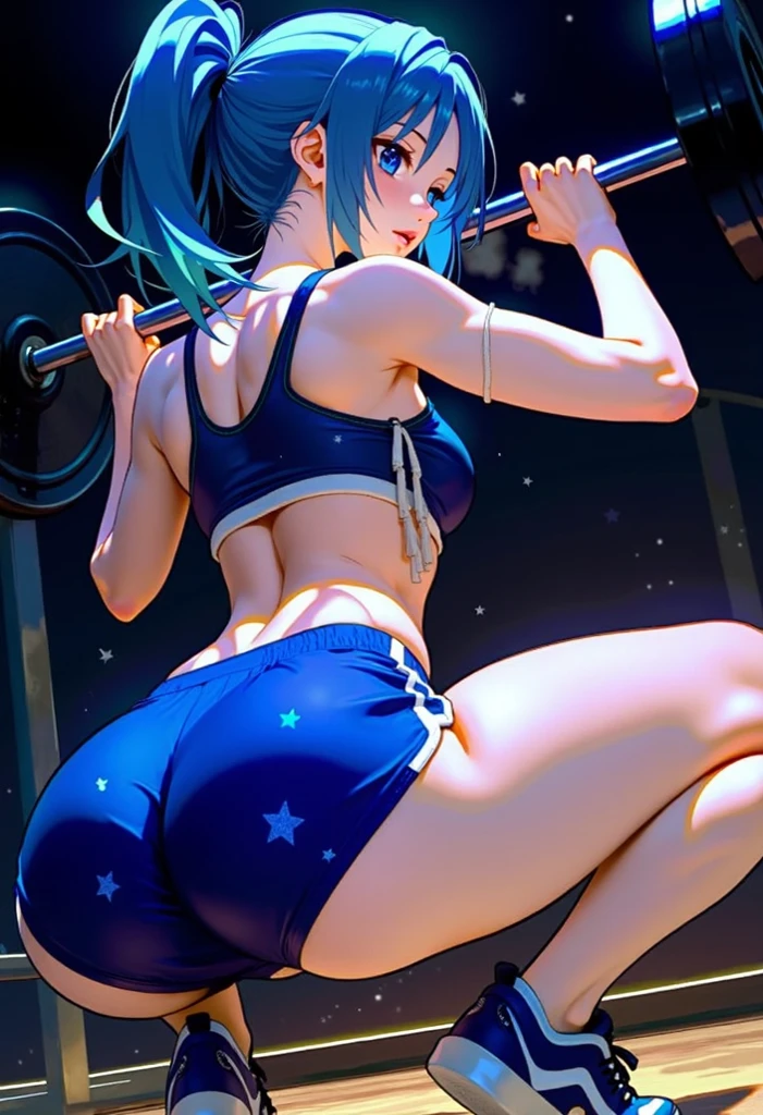 Rey Ayanami from Evangelio, an image in high resolution captures a woman with a mischievous expression, captivating very blue eyes, and a seductive smile. Her toned and (muscular body) is flawless, girl, wearing a jeans shorts, crawling, big ass, emphasis on the butt, big ass, high resolution,
