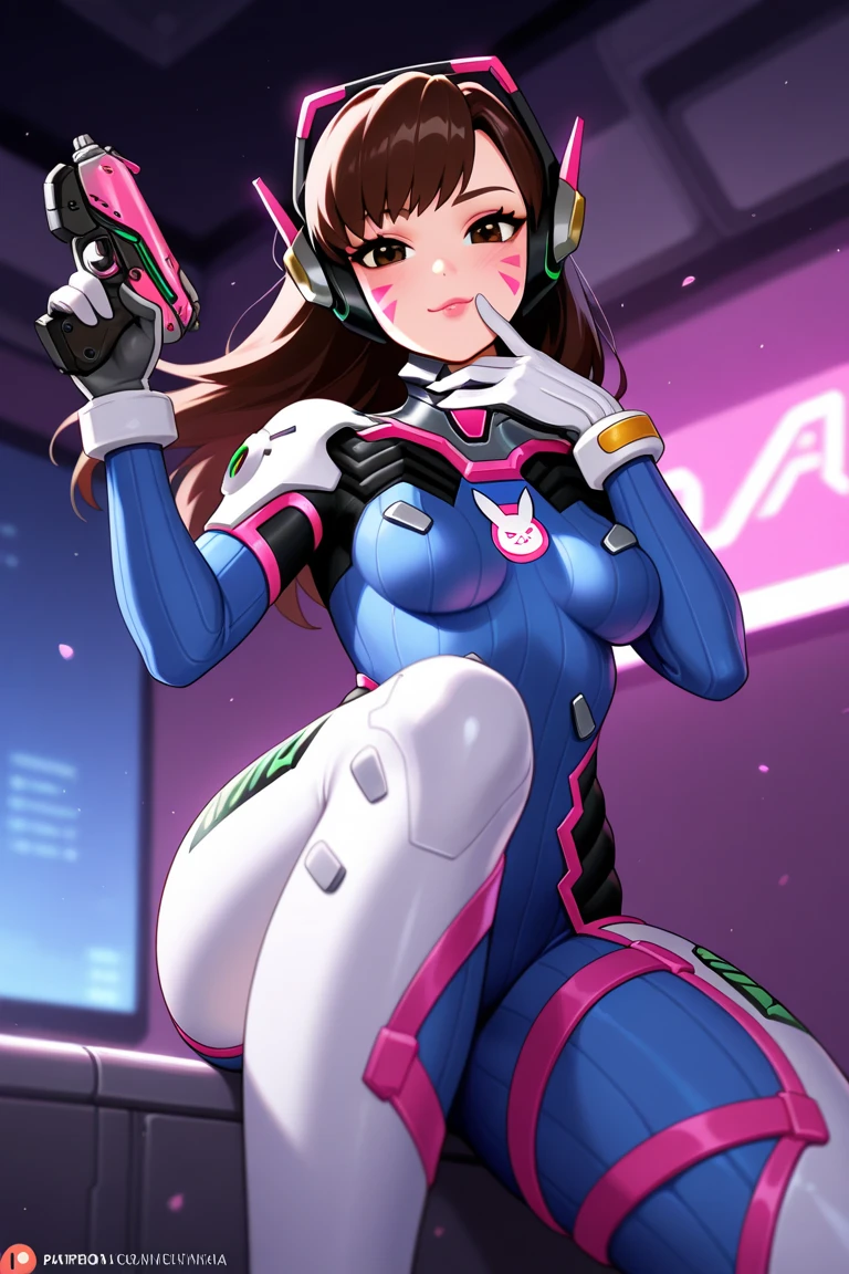 D.Va, facial mark, whisker markings, brown eyes, long brown hair, headphones, pilot suit, ribbed bodysuit, white gloves,looking at viewer, serious, smiling, from_behind, playing arcade cabinet, holding joystick, neon lighting, high quality, masterpiece