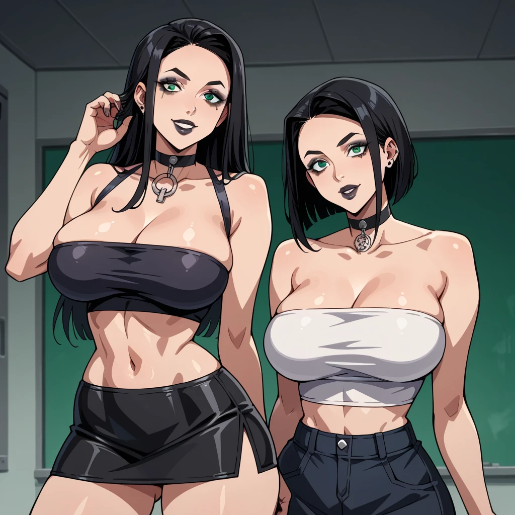 2women, very curvy, massive breasts, mature, plump ass, smiling, one with middle parted long black hair, green eyes, other short brown hair middle parted, brown eyes, white v neck and pencil skirt, tanktop and short shorts, both brown skin, sisters, pretty face,