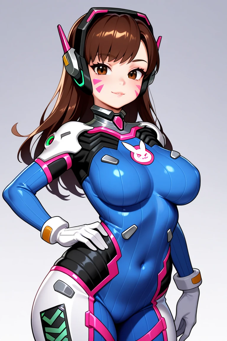 (best quality), (masterpiece), 1 girl, early 20's, huge heavy breasts, busty, massive breasts, thick, thick lips, wide hips, thin waist, d.va, bodysuit, brown hair, facial mark, gloves, breasts, brown eyes, pilot suit, cowboy shot, headphones, white gloves, medium breasts, swept bangs, skin tight, animal print, bangs, bunny print, ribbed bodysuit,