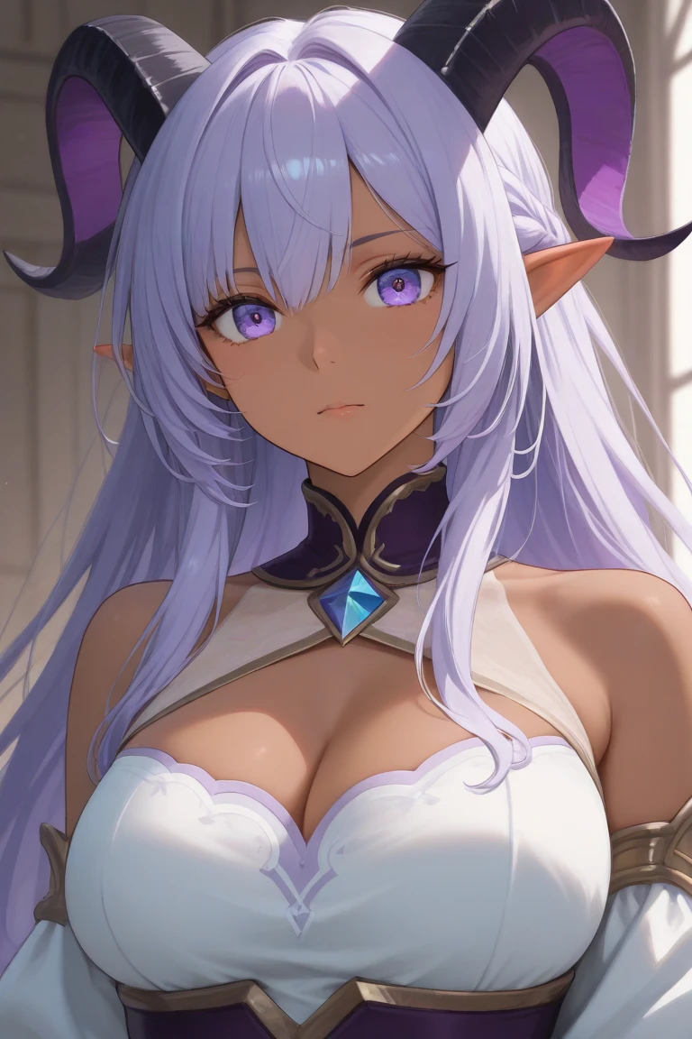 4K:1.2,(masterpiece),(best quality), (uitra detailed),One Woman:1.1,Mature Woman:1.2,long hair:1.2,Hime cut:1.2,light purple hair:1.3,purple eye:1.1,Large Breasts:1.2,Elf Ears:1.2,(dark skin:1.4),upper shot:1.2,smile:1.2,Lilac gypsy costume:1.2,Feather ornament on the head:1.1,Anime Women
