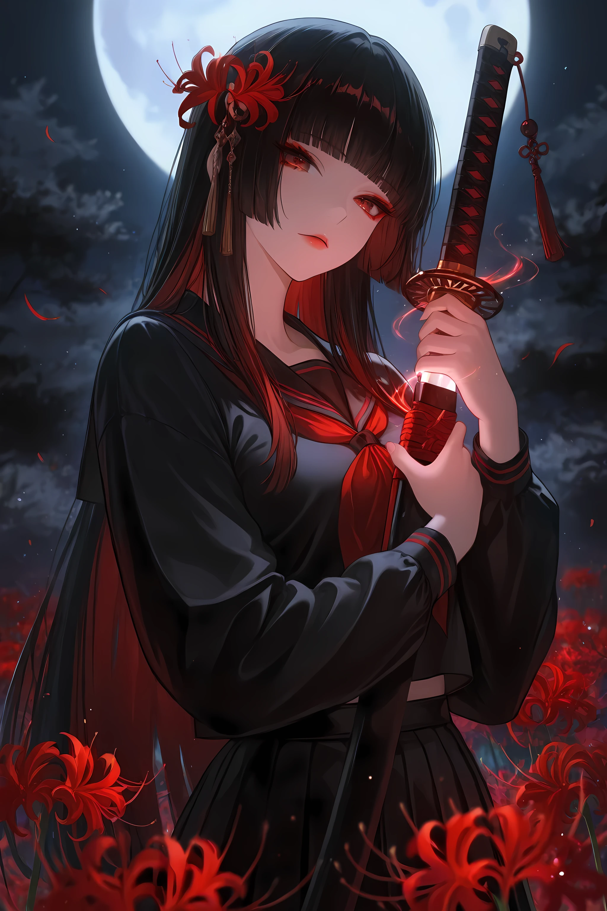masterpiece, best quality, very aesthetic, ultra-detailed, absurdres, 1girl, solo, black Seifuku, hime cut, long hair, red hair, Hold a Japanese sword in your hand and place it on your shoulder , spider lily, moonlight, black hair, makeup, ethereal, magic on katana, hair ornament