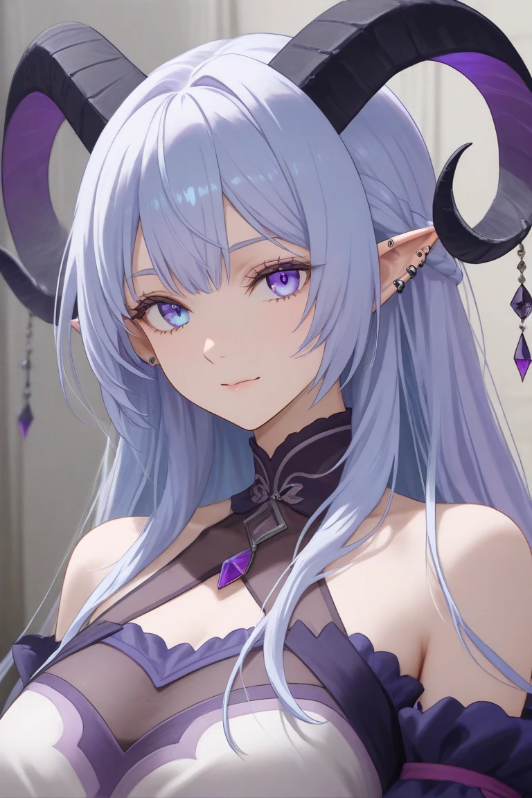 A tall and beautiful elf woman, light blue glowing eyes, cold expression, proud posture, chest up, lavender skin, purple facial tattoos, silver tied hair, exposed chest, exposed shoulders , showing her navel and thighs, looking up at the camera, with sweat on her body, her wet body, in a medieval inn.