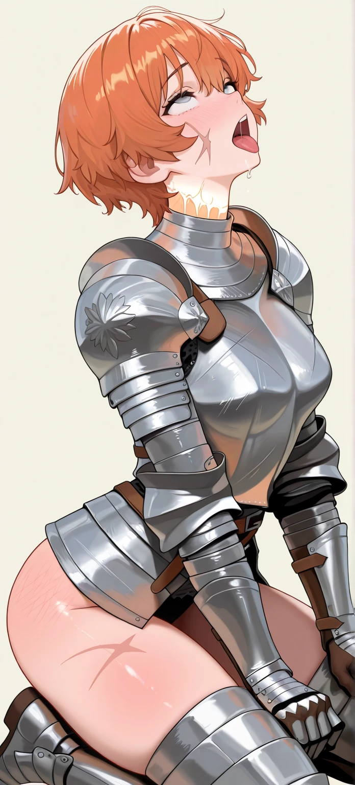 funger, very detailed illustration, mature woman, ((gigantic breasts)), ((bursting cleavage)), highres, high quality, masterpiece, looking at viewer, (armoured knight), orange long hair, bang, side locks, hair tubes, absurdres, ultra-detailed, short hair, full body, wide hips, thick thighs, huge ass