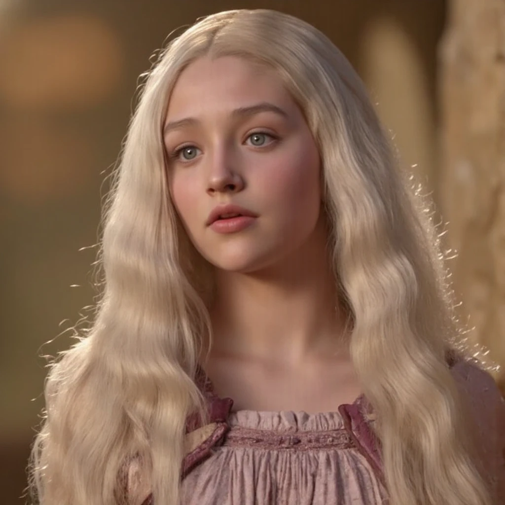 Medieval princess with honey blonde hair and brown eyes, realistic style.