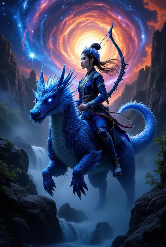 Vast landscape photos, (looking at the sky and the wilderness below), "A rabbit, magical, anthropomorphic, girl, angry expression, glowing eyes, Wanruo mask, Hanfu, background of ancient Chinese streets, night." Genshin Impact Impact, Best Quality, High Detail, High Quality, Ultra High Resolution, OC Rendering, 8K" Standing in a Flower Field and Looking Up, (Full Moon: 1.2), (Meteor: 0.9), (Nebula: 1.3), Far Away Mountains, Tree Breaking Making Art, (Warm Source: 1.2), (Firefly: 1.2), Lights, Purple and Orange, Intricate Details, Volumetric Lighting BREAK (Masterpiece: 1.2), (Highest Quality), 4K, Ultra Detailed, (Dynamic configuration: 1.4), Highly detailed and colorful details (rainbow color: 1.2), (Sparkling lighting, atmospheric lighting), Dreamy, magical, (Solo: 1.2), (Ying Dragon God), (Through the clouds), (Top of the mountains), (Complex), (Super Detail), (Starry Sky Background), (Stout Limbs), (Moon Night), (Ultra Clear), (Best Quality),