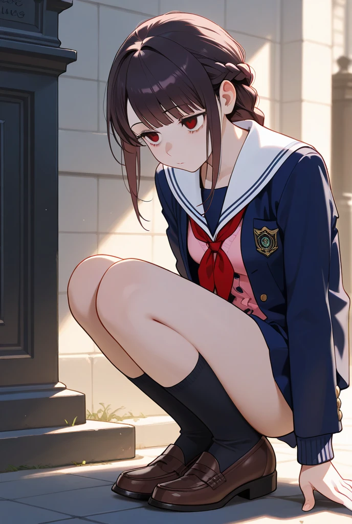 a woman, (((round face, drooping eyes))), hentai, ((navy sailor suit, pleated skirt, sailor scarf, white-socks, loafers)), (((incontinent, peeing, humiliated))), (((pee dripping from the crotch))), embarrassing, outdoor, 