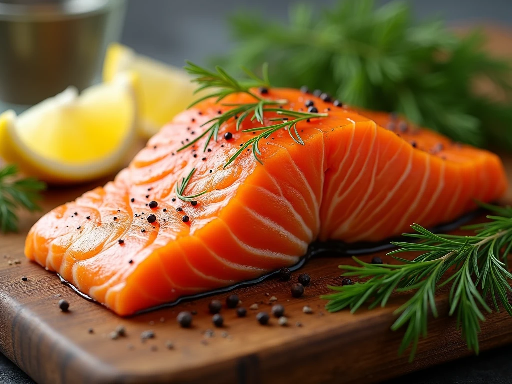 A tantalizing close-up of a perfectly seared salmon fillet, glistening with a honey glaze, captured with a Canon EOS R5 and a 50mm f/1.2 lens at ISO 200, shutter speed 1/125s; the warm golden hues of the fish contrast beautifully against a vibrant green herb garnish, while soft, diffused natural light highlights the delicate textures of the flaky flesh, creating an inviting atmosphere that beckons food lovers of all ages to indulge in this culinary delight 11:21 จัตุรงษ สมาคมกรุงเทพ Prompt : In a vibrant, sunlit kitchen, succulent slices of marbled pork belly glisten with a tantalizing sheen, captured with a Canon EOS R5 paired with a 50mm f/1.2 lens at ISO 200, shutter speed 1/125s; the rich pinks and creamy whites of the meat contrast beautifully against a rustic wooden cutting board, while soft shadows dance around the edges, inviting viewers to savor the mouthwatering texture and flavor, making it an irresistible centerpiece for any restaurant advertisement