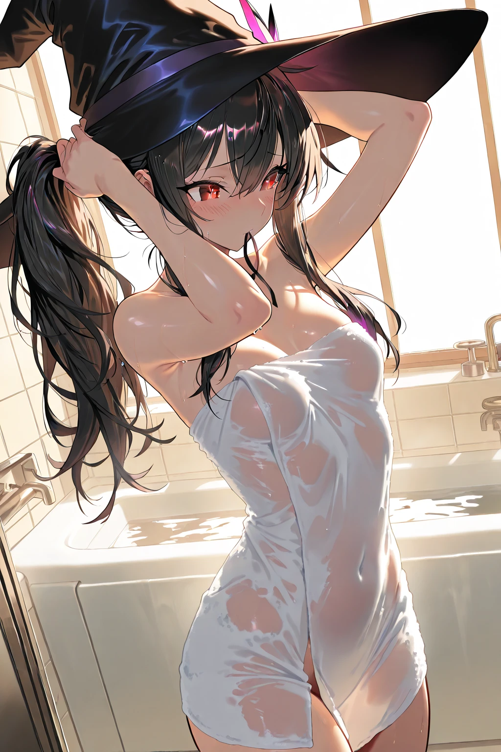 1woman, 39years old, 独奏, Leaning forward, looking at viewer, White lace bra, Gorgeous lace panty, (cuvy body), nose blush, Bathroom, Striptease, ((Sweaty skin)), (You can clearly see the tan lines), (Sunburned Skin), ((oily skin)), 8 heads of beauty, (steam), forehead, ((panty lift)), Lowering the panties with both hands,