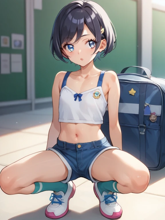 gym storeroom, Bobcut、Short Hair、Black Hair、brown eyes, Straight Hair、13-year-old girl、Clenched fist、White panties、White gym clothes、Panty Peep, good, Wet, From below、Folded up gym clothes、Camel Toe、topless、Small breasts、Embarrassing