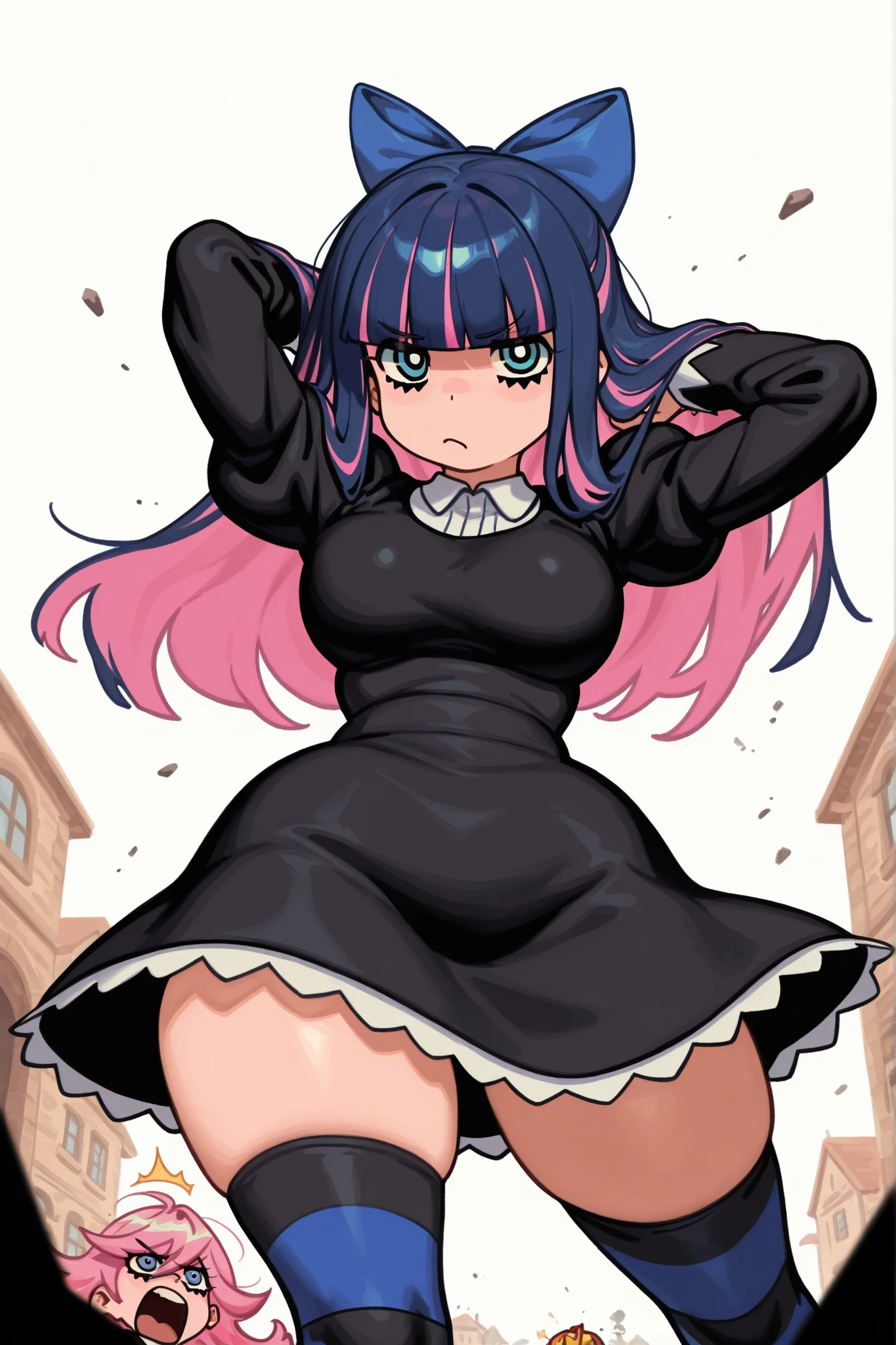 (yoneyama mai:0.8),(watercolor art),realistic,(anime lines:0.7), score_10_up, score_10, score_9_up, score_9, materpiece,amazing quality, high quality,best quality, very awa, highres, absurdres,uncensored,very aesthetic, gritty aesthetic, hand-drawn, manga, dynamic shading, textured hair, BREAK,
1woman, solo, girl focus, (masterpiece,best quality),highres, stocking anarcy (Panty & Stocking with Garterbelt), stocking anarchy, blue eyes, blue hair, colored inner hair, hair bow, long hair, multicolored hair, pink hair, two-tone hair, bangs, blunt bangs, striped, striped thighhighs, thighhighs, dress, black dress, puffy sleeves, long sleeves, skirt, shirt, collared shirt, white shirt, wide hips, curvy body, hand in hair, gentle smile, blank, neutral, aloof expression, cinematic shot, vanishing point, dynamic pose, dynamic shot, blank background, looking at viewer, facing viewer, white background
BREAK, detailed illustration, detailed background, detailed eyes,depth of field,
materpiece,amazing quality, high quality,best quality, very awa,very aesthetic,