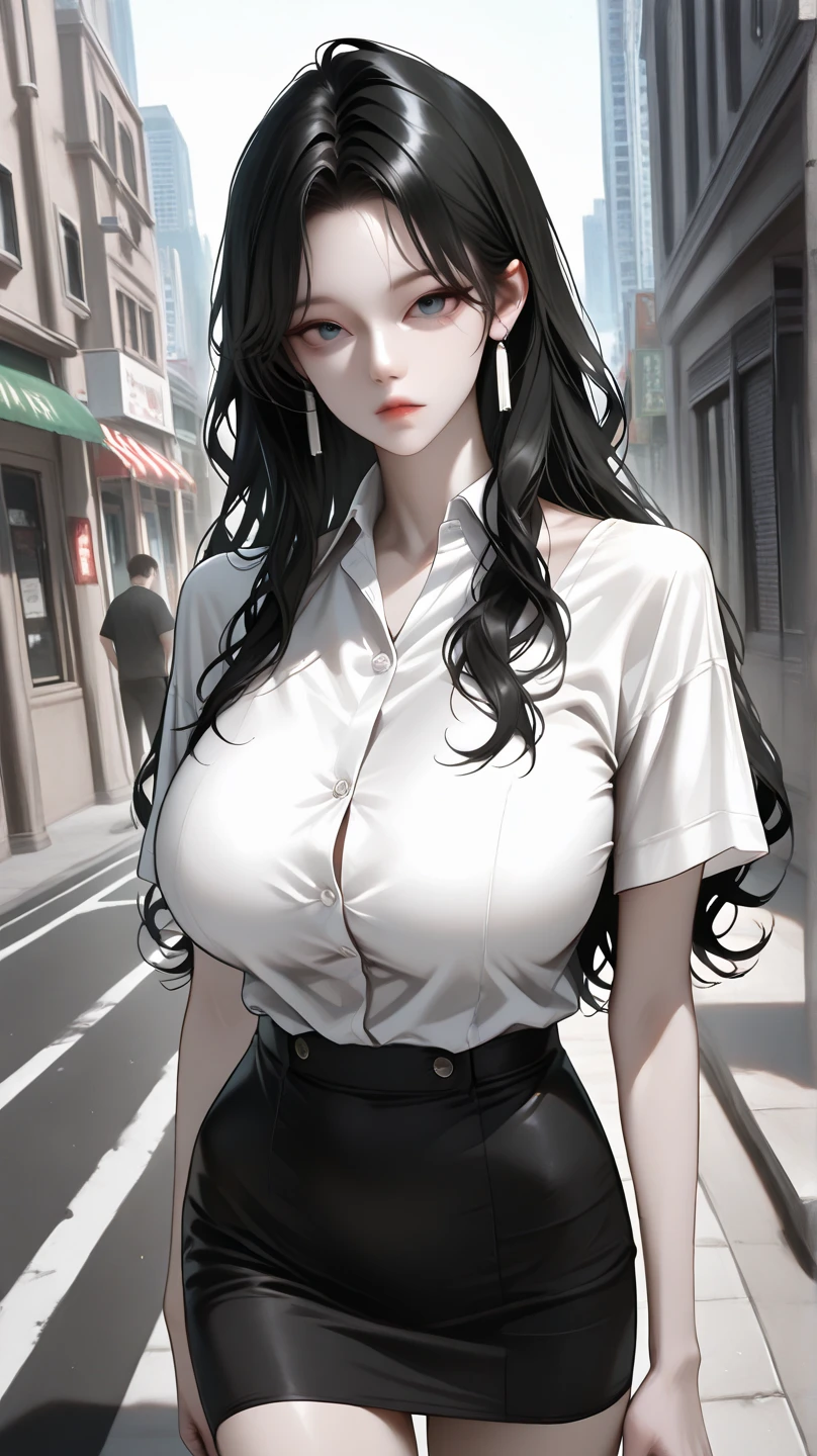 Long black hair and black top, Thin waist, thin waists, skinny waist and thick hips, Thin leg, Women's model, thin waists, high-waist-black-skirt, Korean girl, Beautiful woman, with a thin waist, wearing black camisole outfit, keep the consistency of action, with big eyes, long eyelash, Ample chest