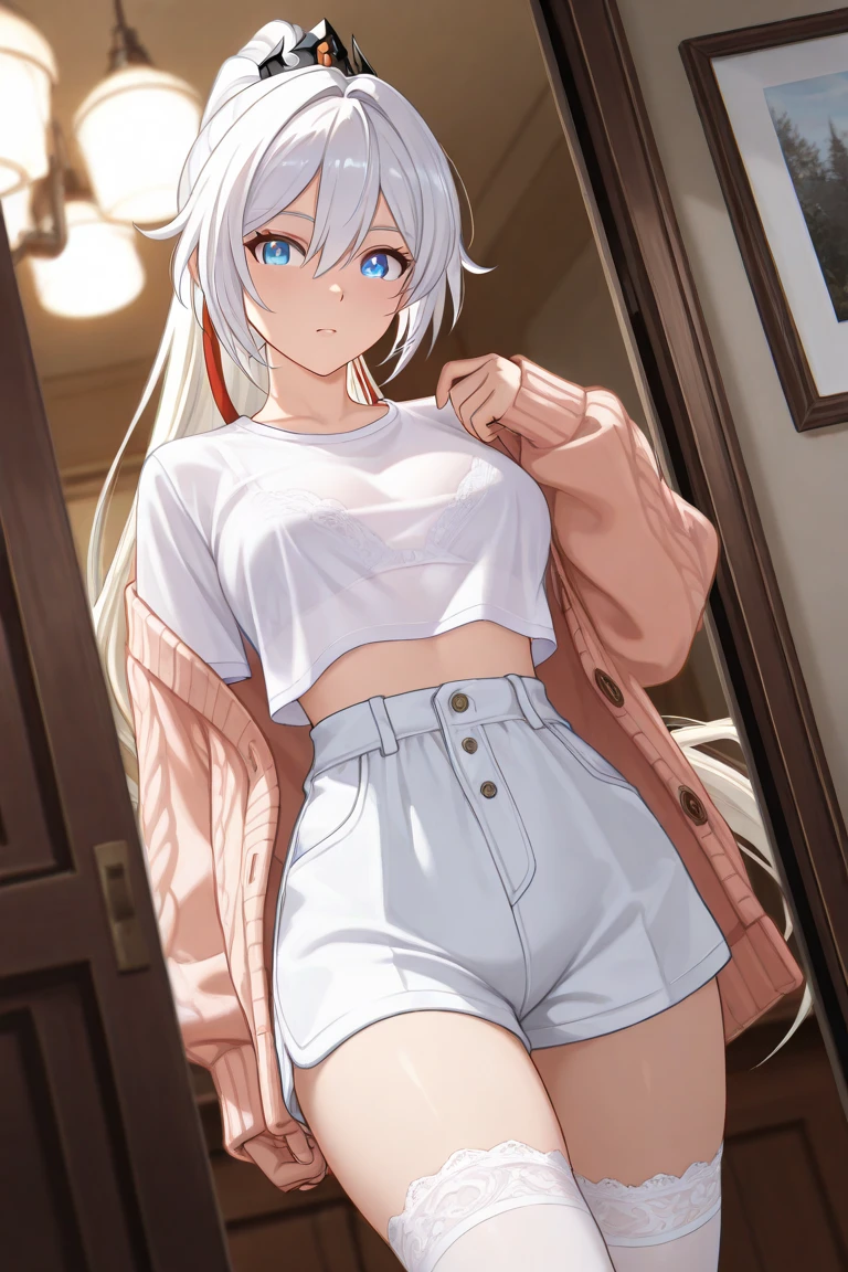 sexy young girl, long haired redhead with blue eyes, Short white off-the-shoulder shirt, bright blue short jean shorts, mirada happy, happy, short brown boots, hugged with her gray-haired, blue-eyed little daughter