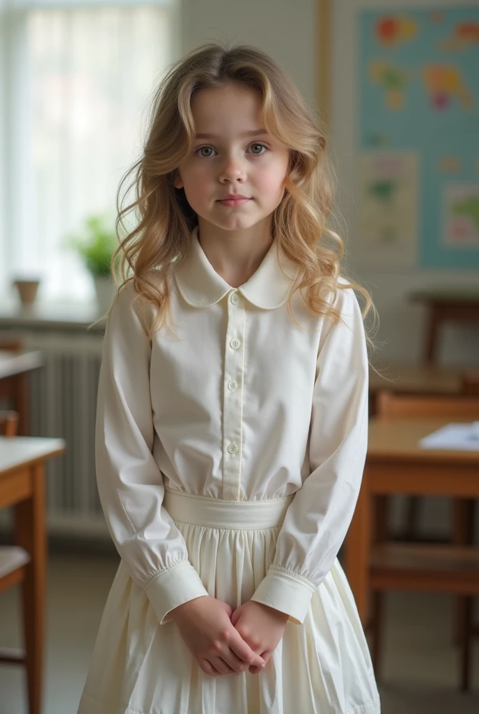 a beautiful cute little school girl in srilanka, detailed white frock, fullbody, legs are visible, standing in a classroom, cinematic lighting, hyperrealistic, photorealistic, 8k, masterpiece, warm colors, natural lighting, detailed school uniform, detailed facial features, beautiful eyes, cute expression, high quality, intricate details
