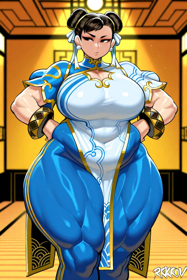 art by kipteitei, Chun Li, fair skin, chubby body, gigantic obese belly, intimate, looking to the right, smiling face, in nature, cartoon, hands behind body, no extra details, no extra fingers, one person, female