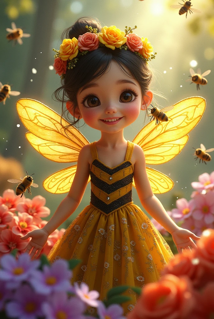 beautiful young girl(chibi:1.3), queen bee spirit, garden, surrounded by worker bees, (highest quality,16k,highres,masterpiece:1.2),ultra-detailed,(ultra-realistic,photorealistic:1.37),extremely detailed eyes and face, longeyelashes, elegant intricate dress, beautiful detailed lips, beautiful detailed eyes, graceful poses, vibrant colors, dramatic lighting, cinematic composition, fantasy art, digital painting