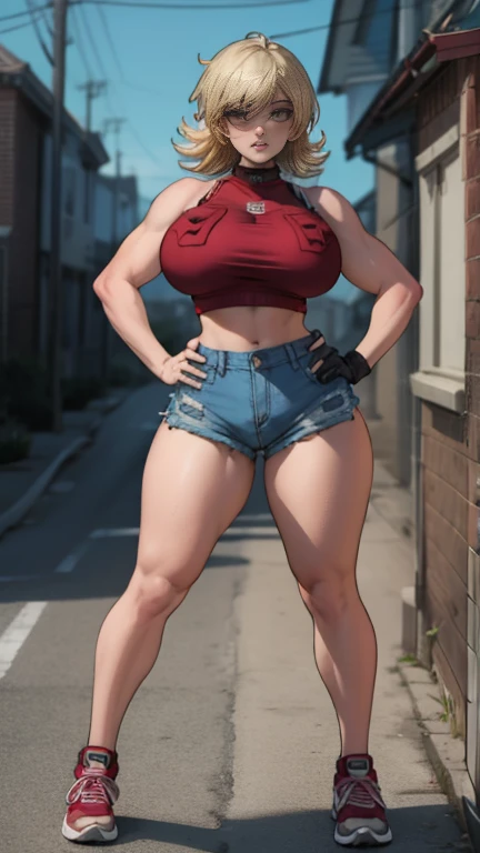 A woman,White short hair,Black eyes,Denim shorts,Bikini,Long legs,Nipple protrusion,Twenties,exposed,Black high heels,Huge breasts,超级Huge breasts,Standing