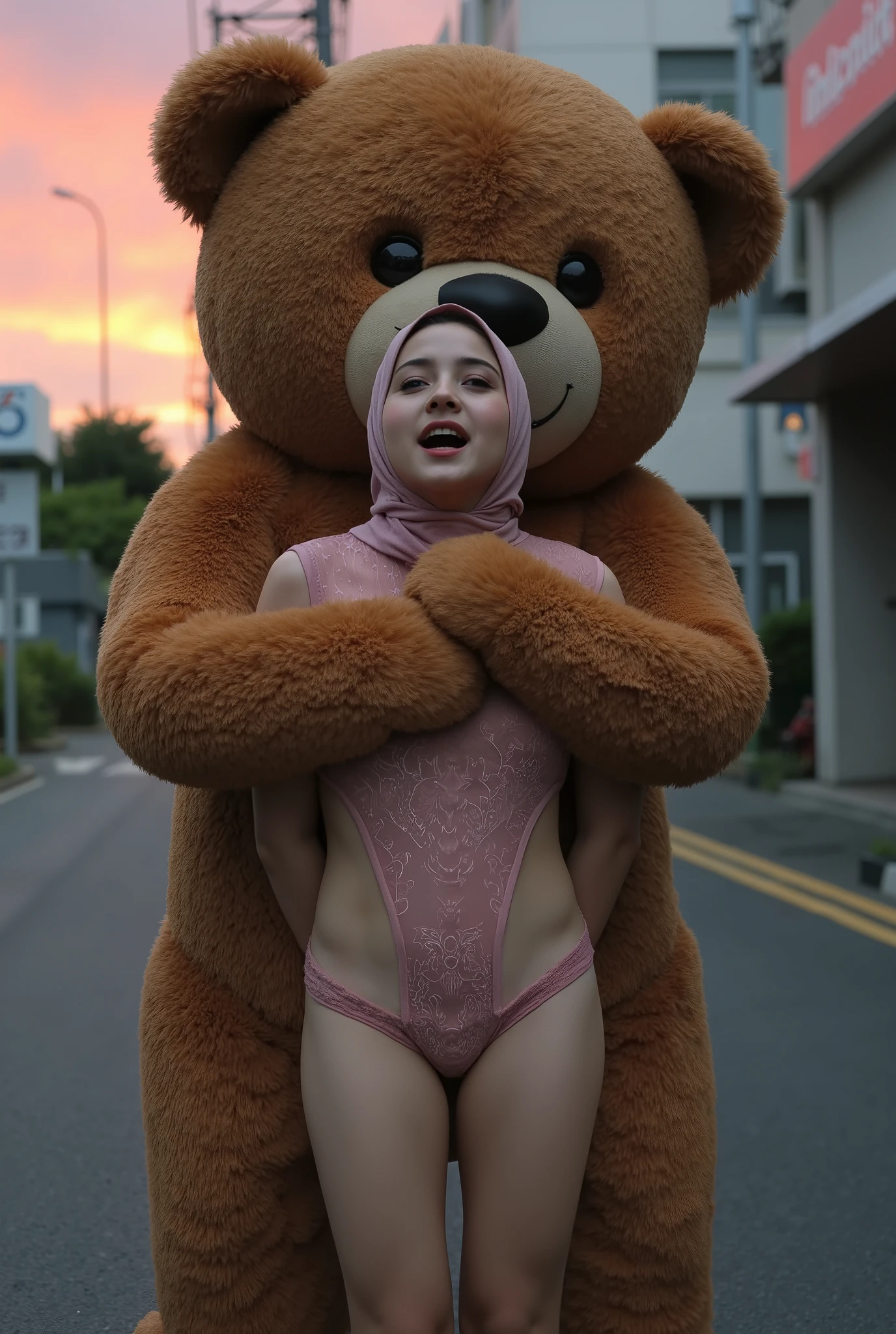 CUTE SMALL MALAY HIJAB GIRL, REALLY ORGASM FACE EXPRESSIONS, (realistic, photo-realistic:1.4), (1 FUTUNARI), big breast, wearing grey cropped singlet and plain panties, hand on hips, ((HEAVY NIPPLES)), (( TRANSPARENT )), ((TEARS)). KEDUA BELAH TANGAN DILETAK DIBELAKANG PUNGGUNG' Futanari long erect penis, background Di tengah Kota Yang sepi Di negara jepun, TEDDY BEAR SANGAT BESAR MEMELUK SAYA DARI ARAH BELAKANG , HUJAN RENYAI-RENYAI PELANGI SENJA, visible dick.