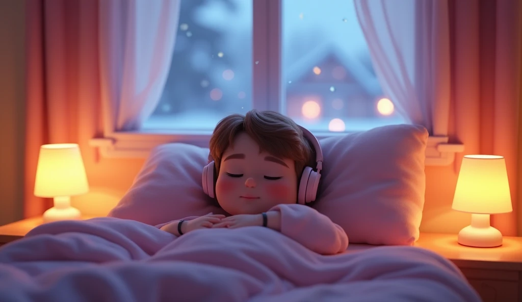 night、Listen to music in a cozy room, Using headphones, 2D-style animation, Lo-Fi, hard disk, Dark Environment