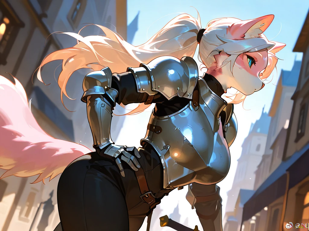 araffe with pink hair and a harness on a horse, centaur horse, anatomically correct equine, fantasy creature, anthropomorphic mare, male centaur centaur chimera, human torso on a horse body, centaur, a centaur, scandelous fantasy armor, anthropomorphic horse, sfw version, detailed creature