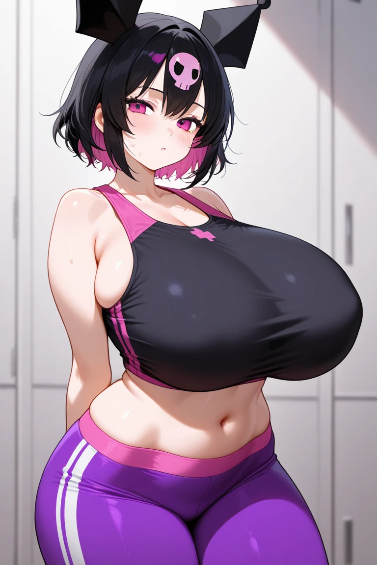 Tomboy, purple short hair, upper body, big breasts, Plump girl, pink underwear, Sitting in a private room, Standing and smiling, waving in greeting,