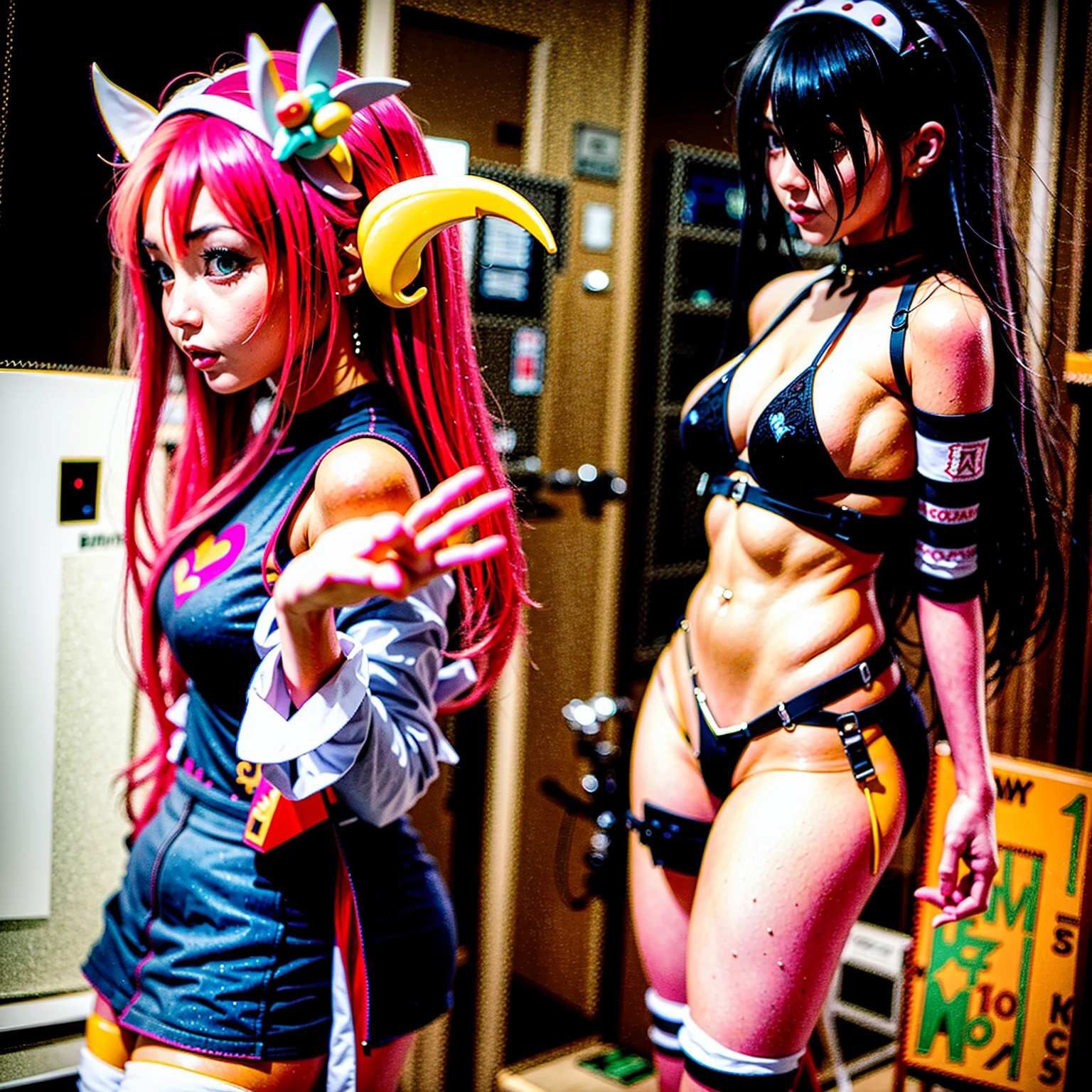 Two kneeling sycophants, bikini Aimei, Wearing stockings, Host a show, Little girls，Pink double-tailed hair and cyan eyes，Anime little girl in servant costume，The little girl cocked her ass，Be red in the face，  Thick thighs，（（（perfectly shaded））， Best shadow， best illuminate
