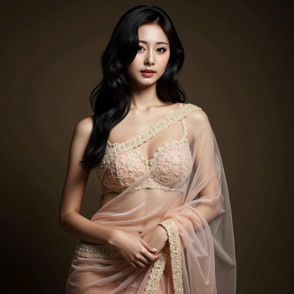 Create a realistic, UHD, 8K visual of a young korean woman with an pear body shape standing elegantly in a beautifully decorated room. She is wearing traditional Indonesian attire, consisting of a white lace fitted kebaya with v deeps cuts showing her bare larged-size chest, a batik sarong with intricate patterns, and a brown scarf draped over her shoulders. Her long hair cascades over her shoulders, and she wears a delicate smile, exuding grace and poise. The background includes a round mirror with wooden accents, a green door, and a painting of a man in traditional attire. There are also indoor plants adding a touch of greenery to the room, and the yellow tiled floor complements the warm and inviting atmosphere. Describe the setting, her attire, and the cultural significance of her clothing and surroundings