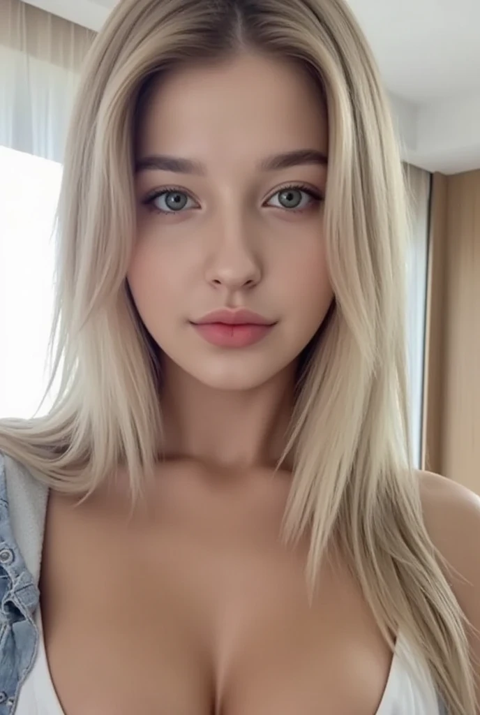 1girl in, 19years old, Solo, Long hair, Colossal tits, view the viewer, blond hairbl, Bare shoulders, Brown eyes, jewely, full bodyesbian, a necklace, cropped shoulders, Sweaters, Realistic, A sexy, naked in bed,