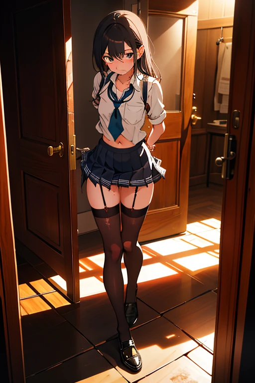 Dynamic poses, ultra detail, small breast, top quality, masterpiece, top quality, jewellery, elegant, blush, navel, six pack, body goals:1.5, hair ornament, full body shot, 1female,(Very detailed CG unity 8K wallpaper),best qualtiy,cinematic lighting,beatiful detailed eyes,Bright pupil,Redlip(Very fine and beautiful),(Beautiful and detailed eye description),ultra - detailed,masterpiece,), exposed cleavage, tight skirt, stocking:1.5, handsock:1.2, bent over, showing off ass, tight ass, sensual look, dark skin, spanking her own butt