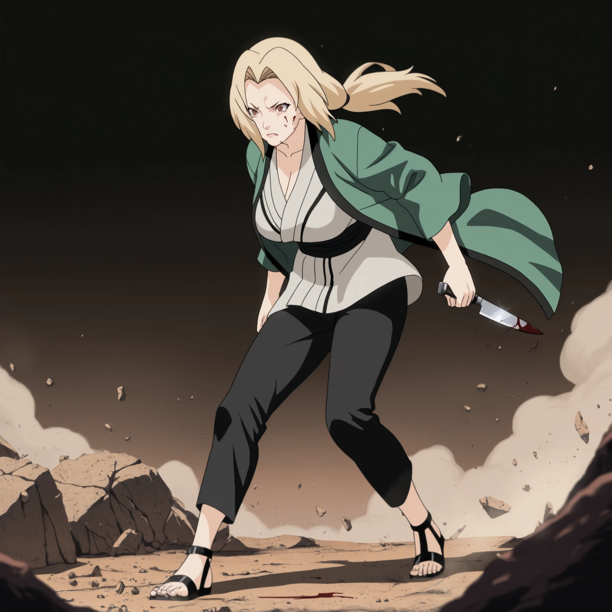 (masterpiece, best quality, anime style, ultra-detailed, 8k, Tsunade Senju standing in a rocky wasteland, mature woman with long golden blonde hair, wearing her usual outfit: short white kimono, black pants, and open-toe sandals, a knife embedded in her left side near the abdomen, both hands gripping the hilt tightly, head bowed slightly with strands of hair falling forward, expression focused and composed, blood lightly staining the fabric around the wound, wind lifting her hair and clothing slightly, jagged rocks and cracked terrain all around, faint dust clouds rising, no vegetation, dramatic lighting with deep shadows and strong highlights, tense but powerful atmosphere, the wound is not fatal—she stands firm and determined)
