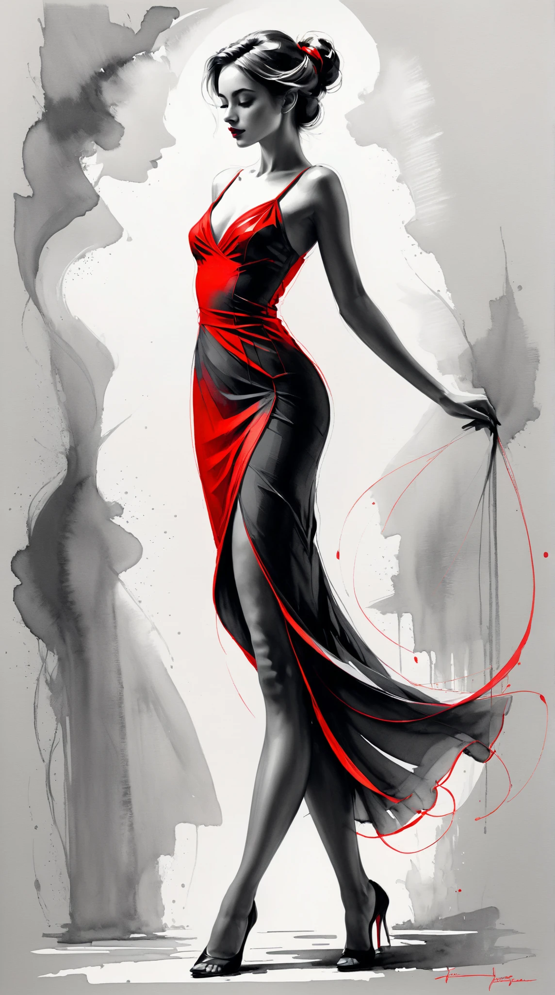 a drawing of a woman in a Vestido e Red Hat, Vestido e Red Hat, luxury fashion illustration, fashion illustration, por Elaine Hamilton, digital art of an elegant, detailed fashion illustration, Red dress and magic witch hat, Red Hat, fashion art, por Chinwe Chukwuogo-Roy, by Silvia Dimitrova, in red and black