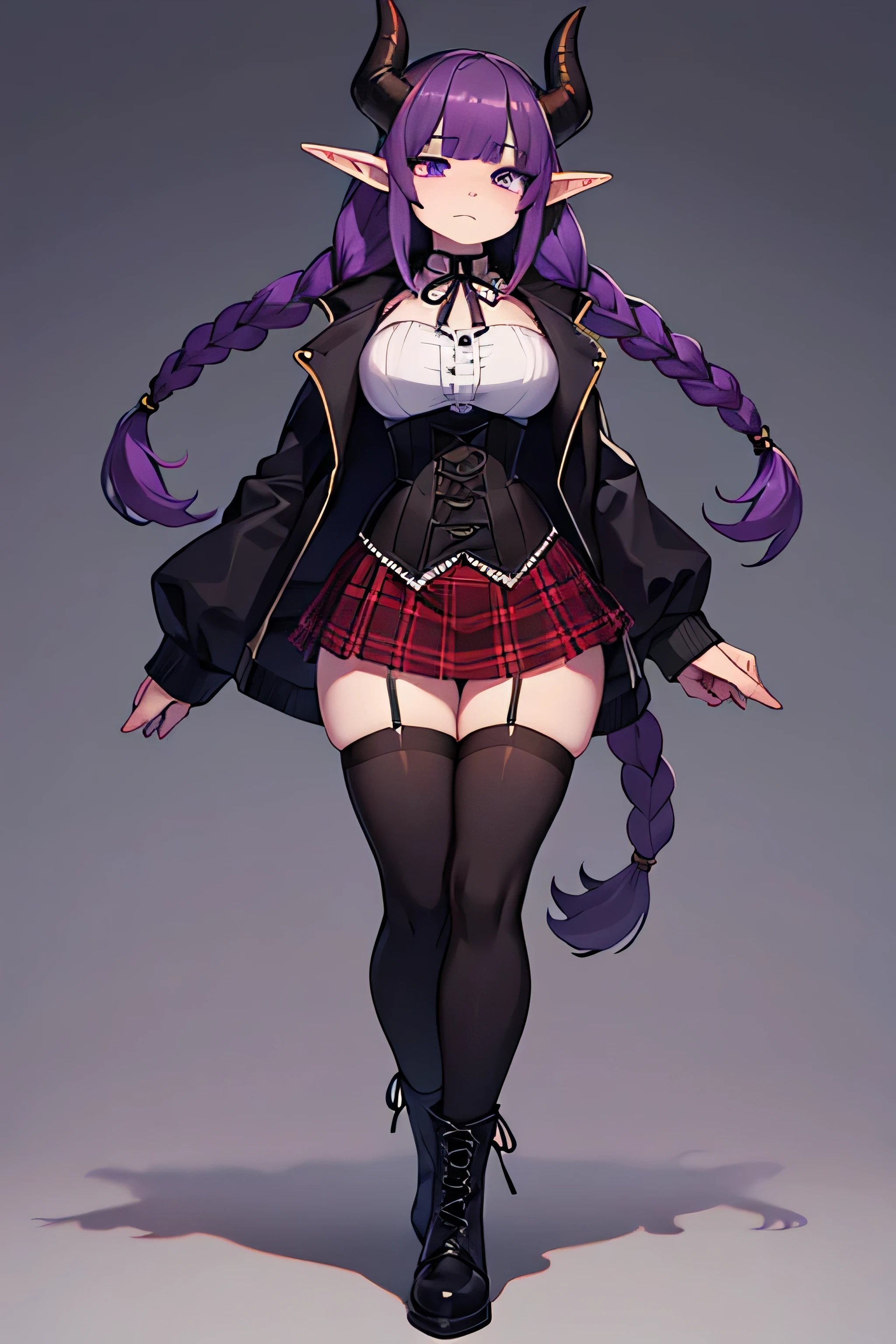 A gothic demon girl with large curved red horns, long dark purple hair with bangs and twin braids, purple eyes, and pointed elf-like ears. She wears a short plaid purple skirt, a corset-style top, a dark oversized jacket, striped purple thigh-high stockings, and black combat boots. Pale skin, sad or melancholic expression, fantasy style. fullbody