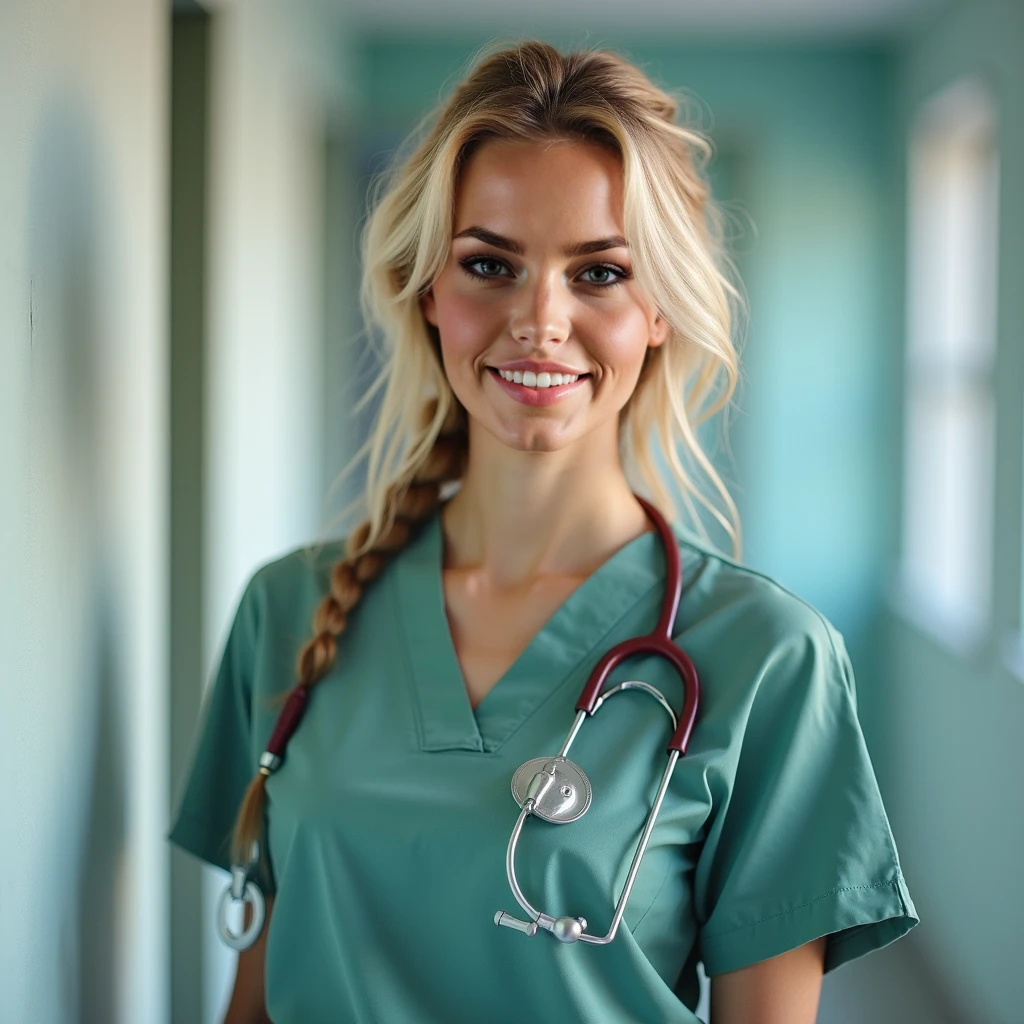 masterpiece, best quality, <lora:nurse-terraria-richy-v1:1.3> (terrarianurse), green eyes, blonde hair, nurse, nurse cap, doctor's office, looking at viewer, upper body, film grain, cinematic lighting, smile