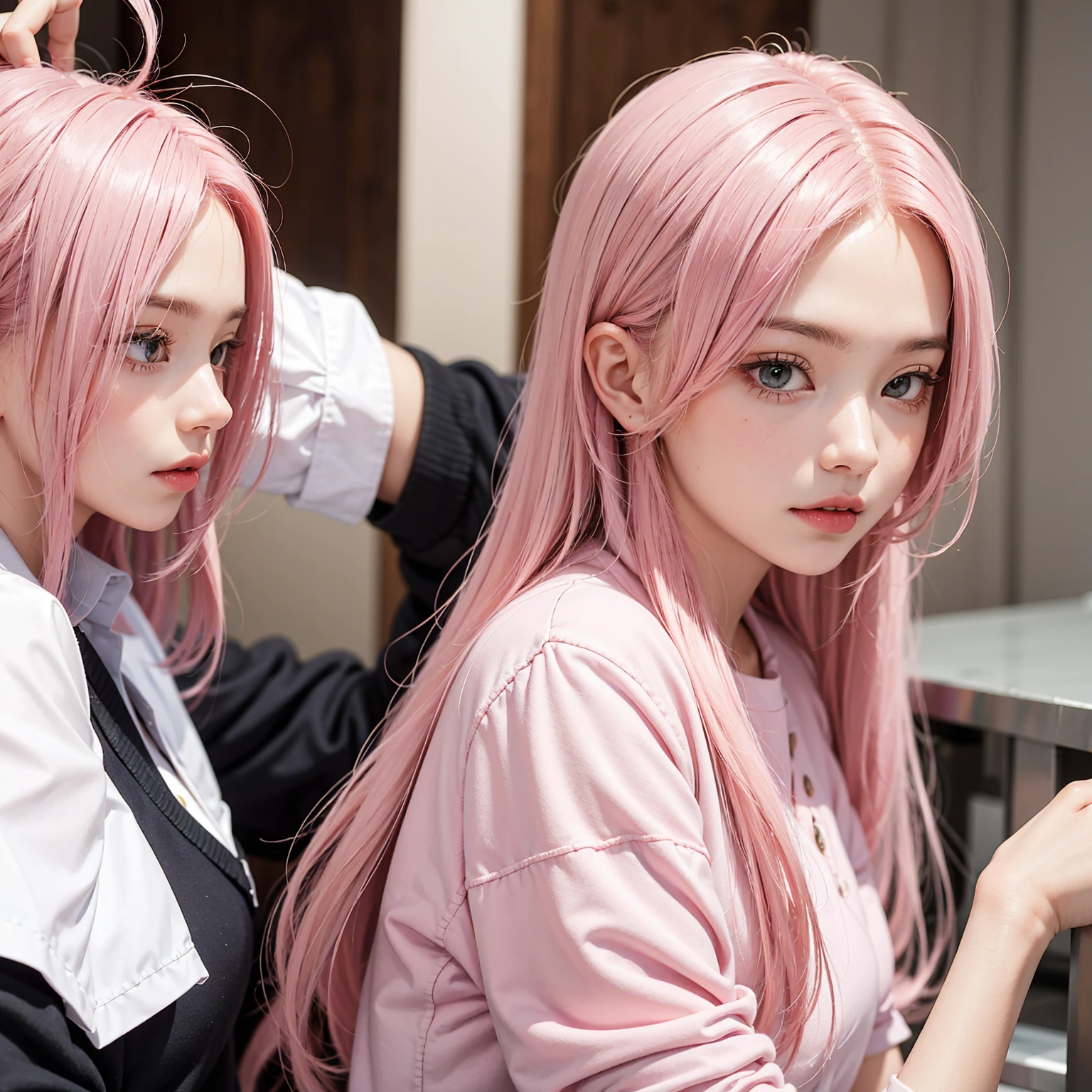 Highest quality、Ultra-high resolution、RAW shooting、Professional Lighting、Facing forward、25-year-old female、(High tone cherry pink hair)+(Long Hair)+(bangs)、bangsをそろえて、Hime cut、(Yellow Eyes)、White see-through shirt,(Black trousers:1.5)、Huge breasts that look like they might burst、A sloppy smile、Close your mouth、(Sweaty skin)