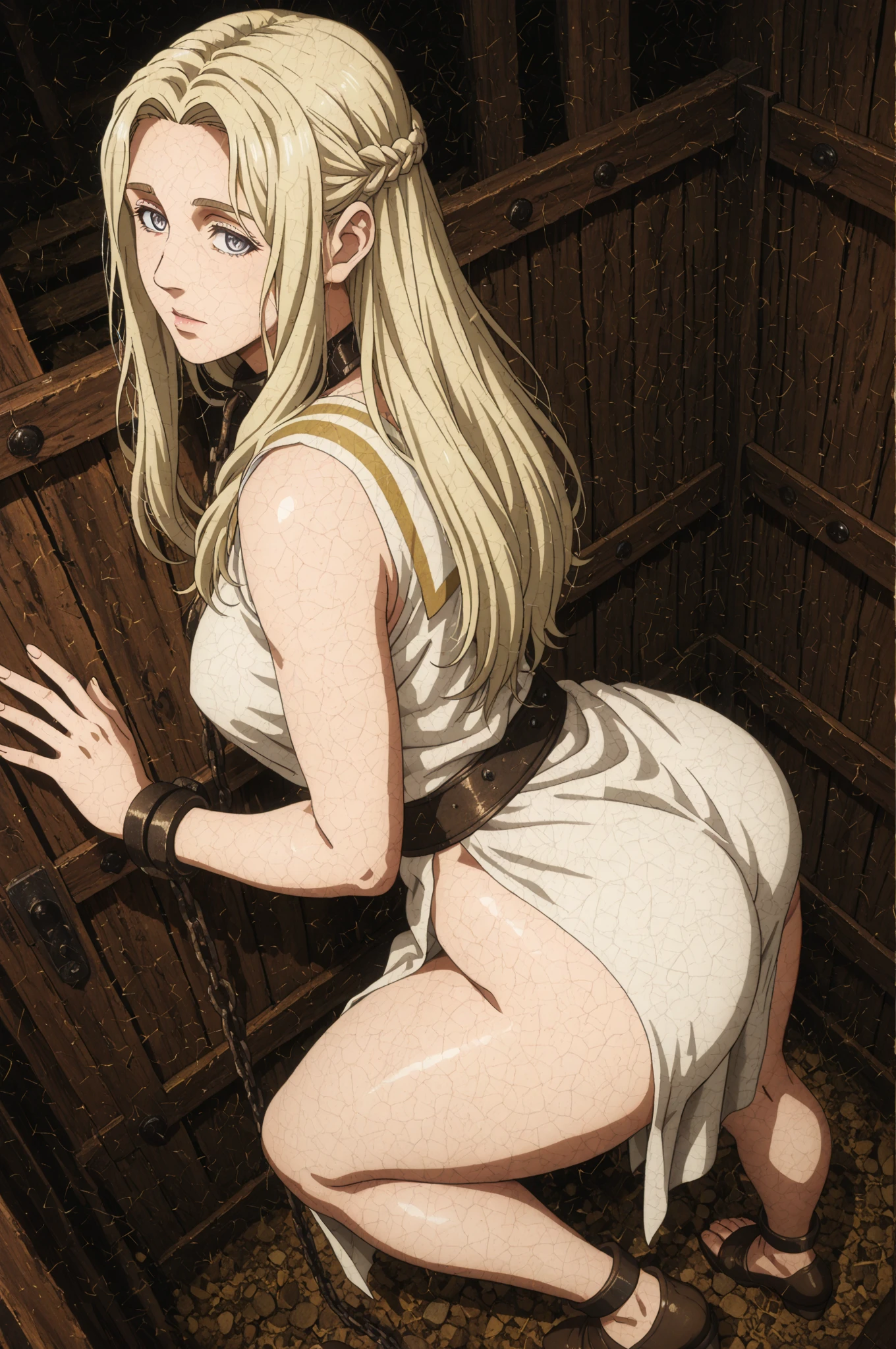 masterpiece, best quality, super detail, textured skin. from behind, ({looking at viewer}), (ass support, buttlift, grabbing own ass, ass grab), (gigantic butt), standing. 1woman, 20yo, long hair, blonde hair, bangs, hair over eyes, lips. grey eyes, collarbone, {shaded face, hairband, armlet, bare shoulders}, {off white slit dress}, sleeveless, peplos, cleavage, shibari. (in the deep forest), ((pelvic curtain)), greek clothes, front face lightning