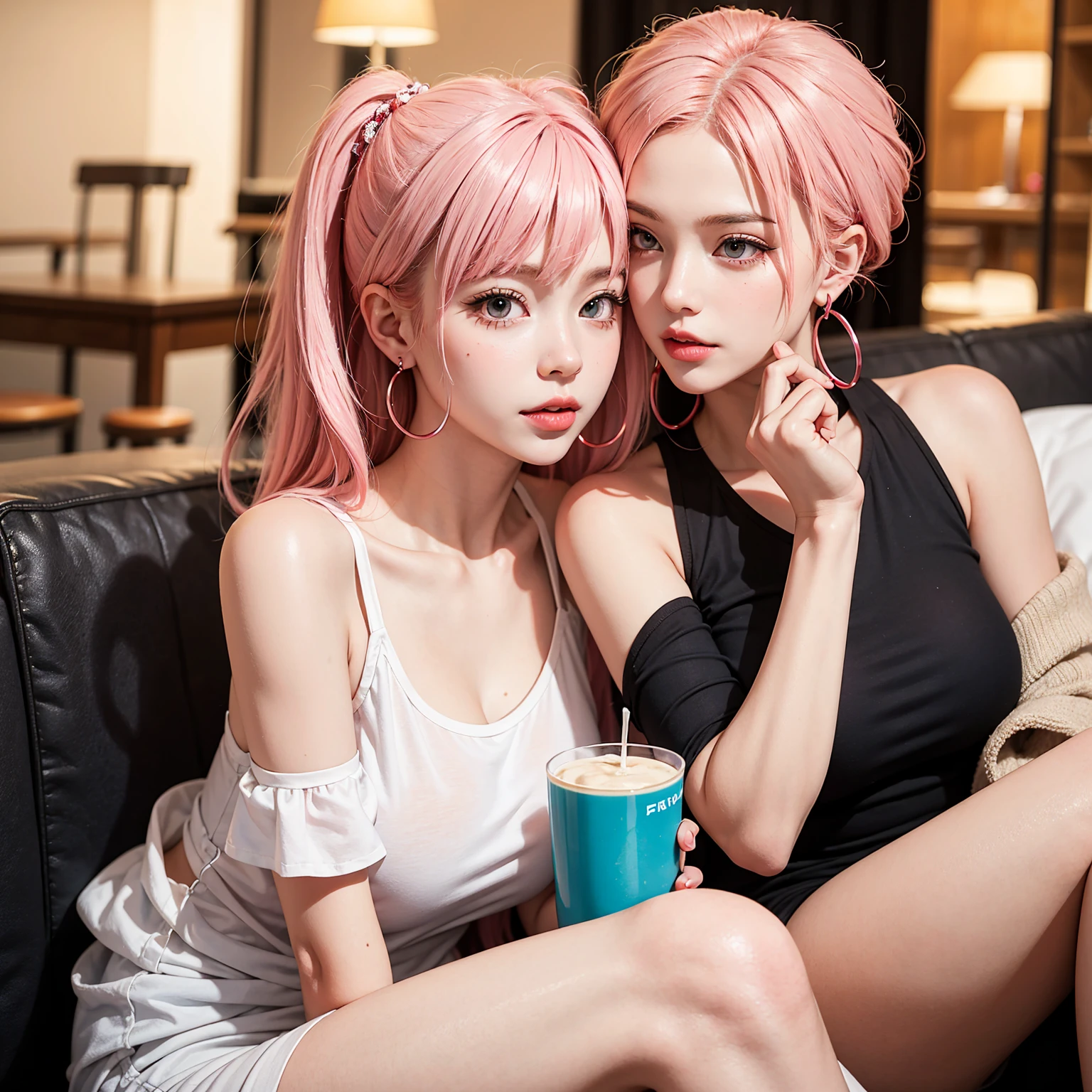 Twin wearing tanktop pink hair put her breast in table