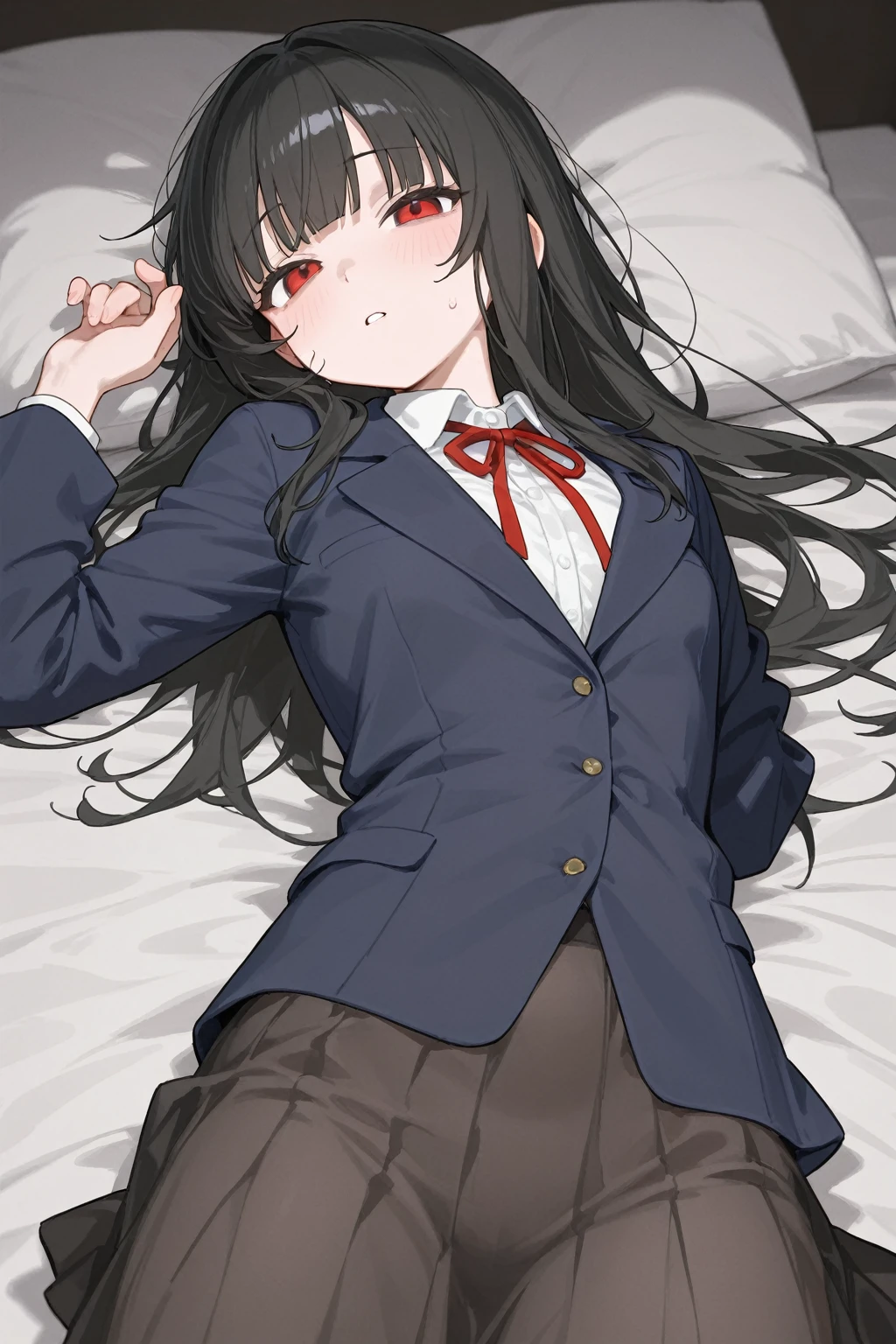 KurumiSchool, low twintails, hair over one eye, , black jacket, blue skirt, neck ribbon, black pantyhose, in_box, nsidebox, boxrelaxed, in box, in container, inside cardboard box, box with packing peanuts
