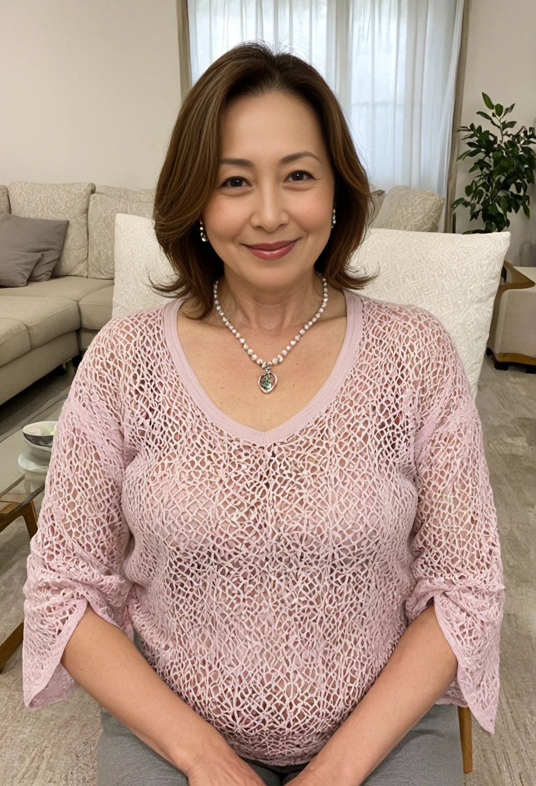 Mature and beautiful 55 year old Japanese woman, Lady, Highly detailed face, Beautiful lip detail, Highly detailed face, Long eyelashes, Highly detailed female body, In underwear, Low Ponytail, Small breasts, Censored, Suppressed, Hands behind back, 両手をropeで縛られて, ((rope)), ((Pearl Necklace))