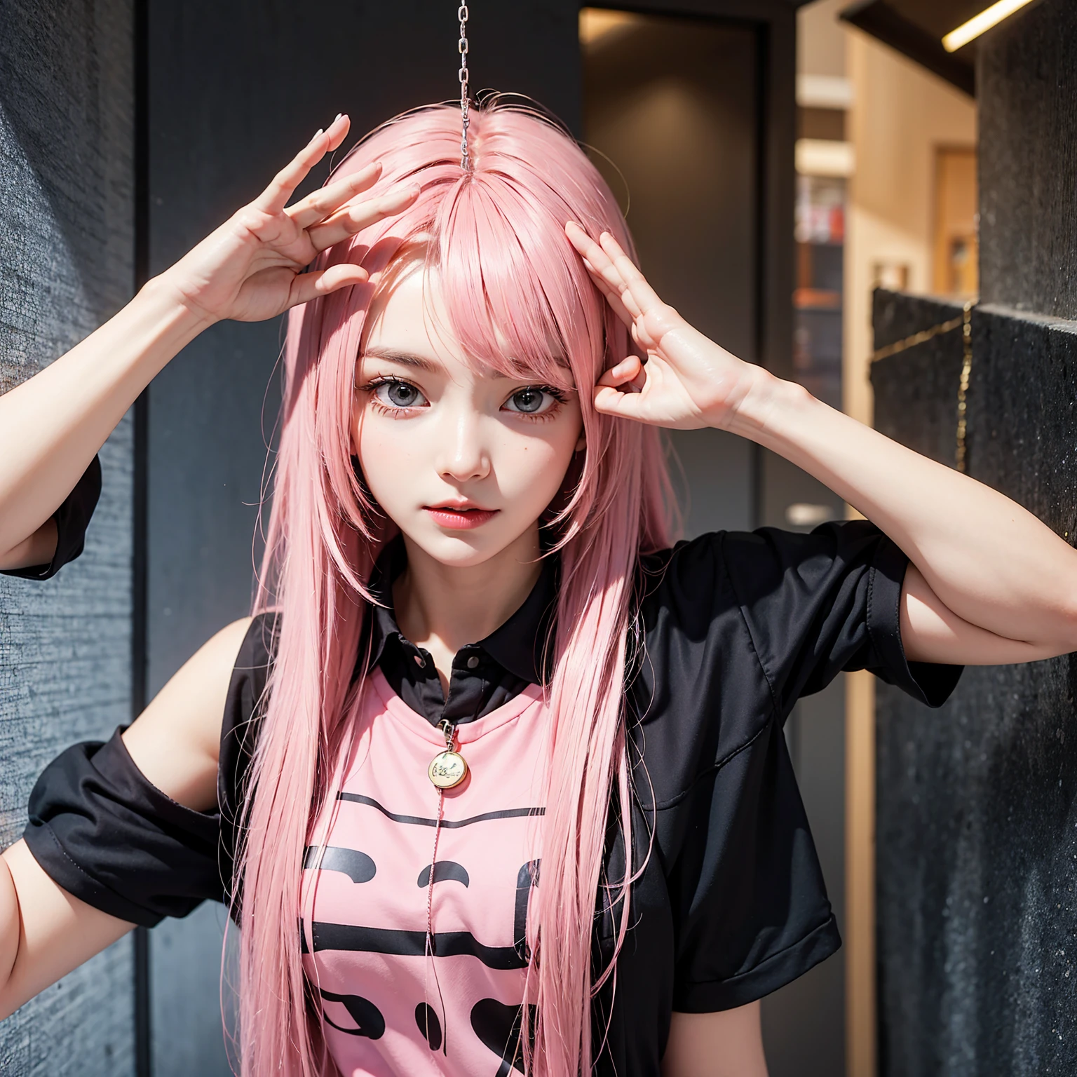 gotou, hair ornament, cube hair ornament, T-shirt, wearing punk black shirt, long hair, blue eyes, messy pink hair, hair between eyes, holding guitar, black guitar, big breast, bang, ROCKSTAR, on stage, nightclub, colorful lights, vibrant scene, best quality ,masterpiece, illustration, an extremely delicate and beautiful, extremely detailed ,CG ,unity, Amazing, finely detail, official art, absurdres, incredibly absurdres, ultra-detailed, highres, extremely detailed, beautiful detailed girl, extremely detailed eyes and face, beautiful detailed eyes, light on face, 1girl, full body shot, Particularly strong light, Feminine Expressions,Slim legs, gotou