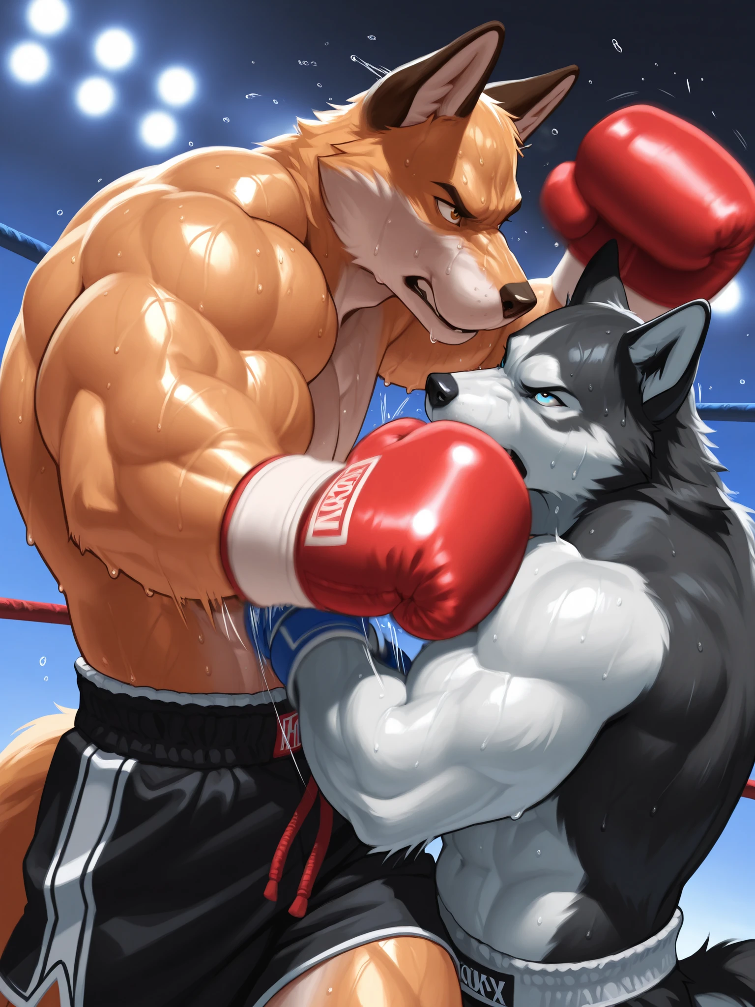 Duo big male fighters(Brown Wolf vs Marrow Wolf, handsomes, Thick eyebrows), beso gay(Cuddling embraced, in a boxing match), hot(Full body, shirtless), handsomes(They are handsomes, correct anatomy), musculosos(Big muscle bodies, Six packs, muscle abs, big pecs, muscle legs, muscle backs), sweaty(very sweaty wet bodies), tatuajes(they have tattoos), Angry(They have an angry expression), boxing gloves(They both are wearing reds boxing gloves), shorts(They both are wearing black shorts), Hight resolution