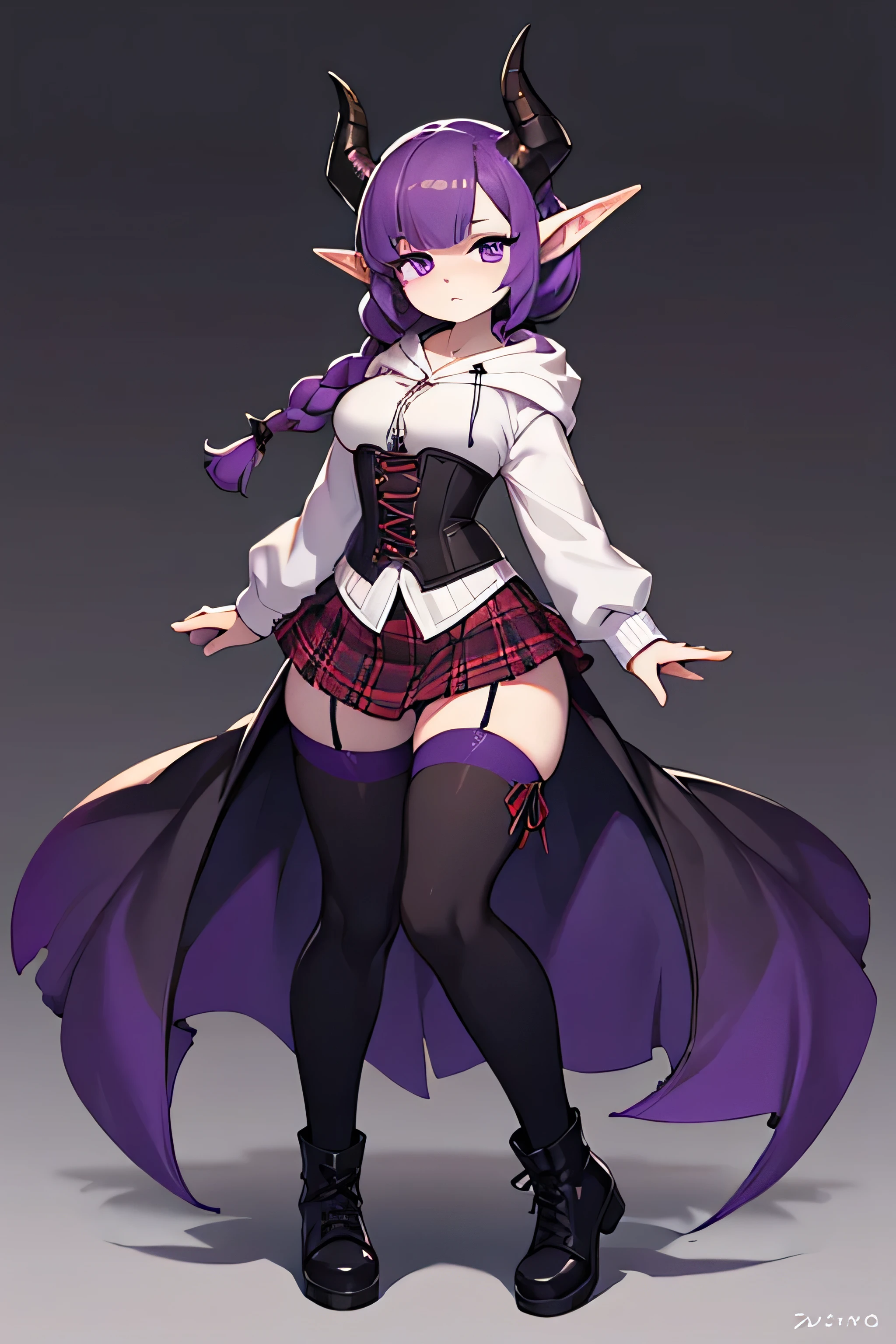 A gothic demon girl with large curved red horns, long dark purple hair with bangs and twin braids, purple eyes, and pointed elf-like ears. She wears a short plaid purple skirt, a corset-style top, a dark oversized hoodie, striped purple thigh-high stockings, and black combat boots. Pale skin, sad or melancholic expression, fantasy style. fullbody